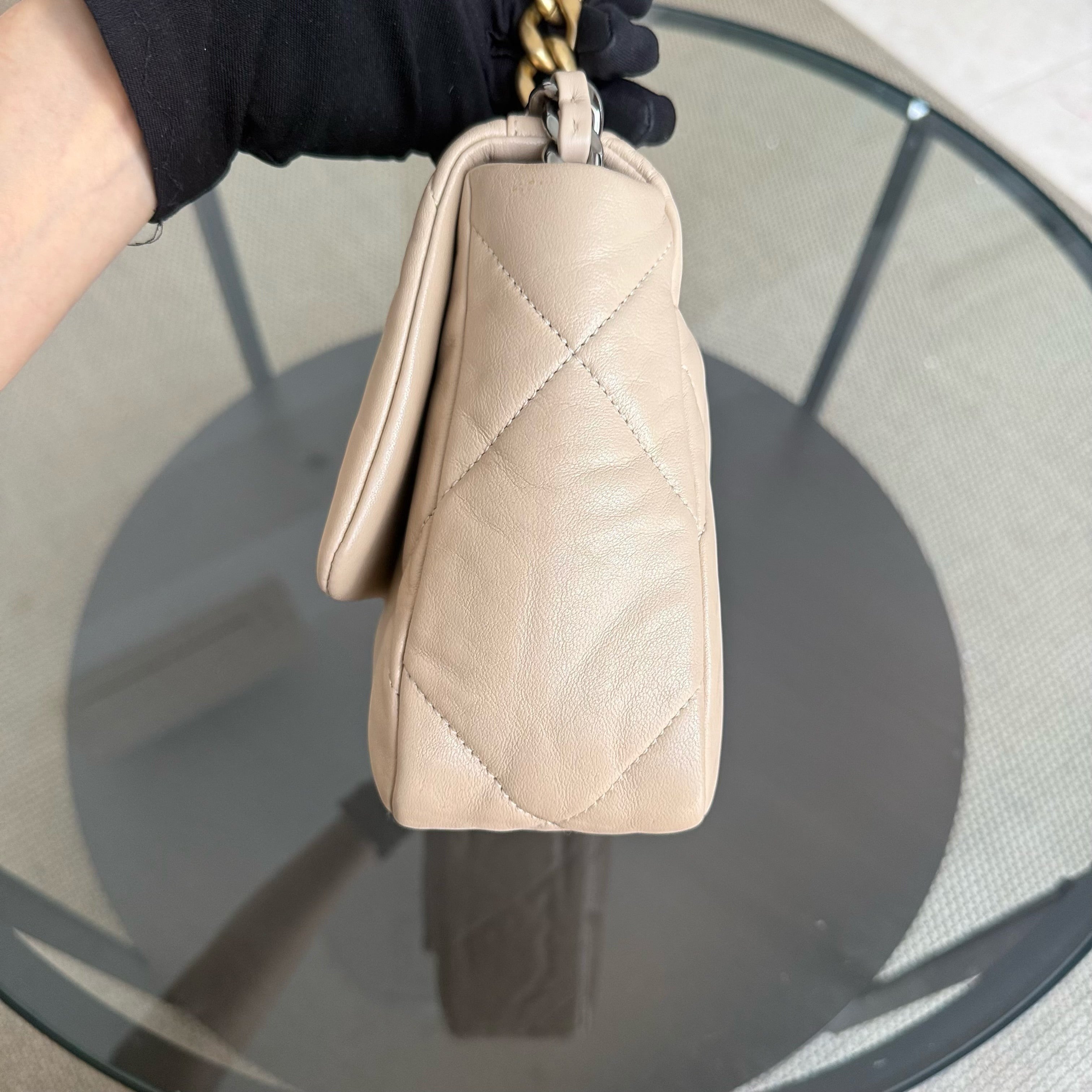 Chanel Small 19 Bag C19 Quilted Beige Two Tone Golden Hardware Series 30