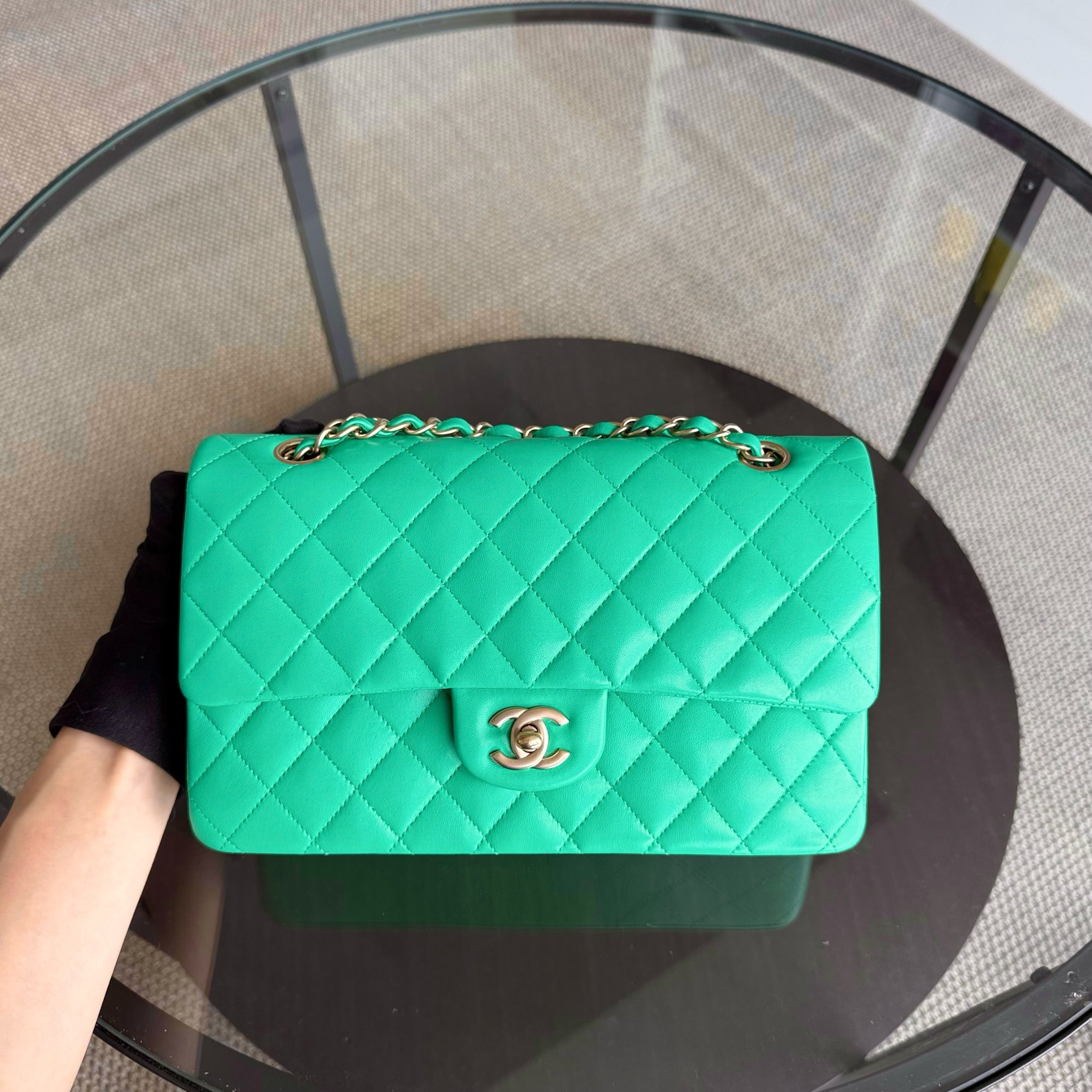 Chanel Classic Flap Medium - 25CM Quilted Lambskin Green Gold Hardware Series 18