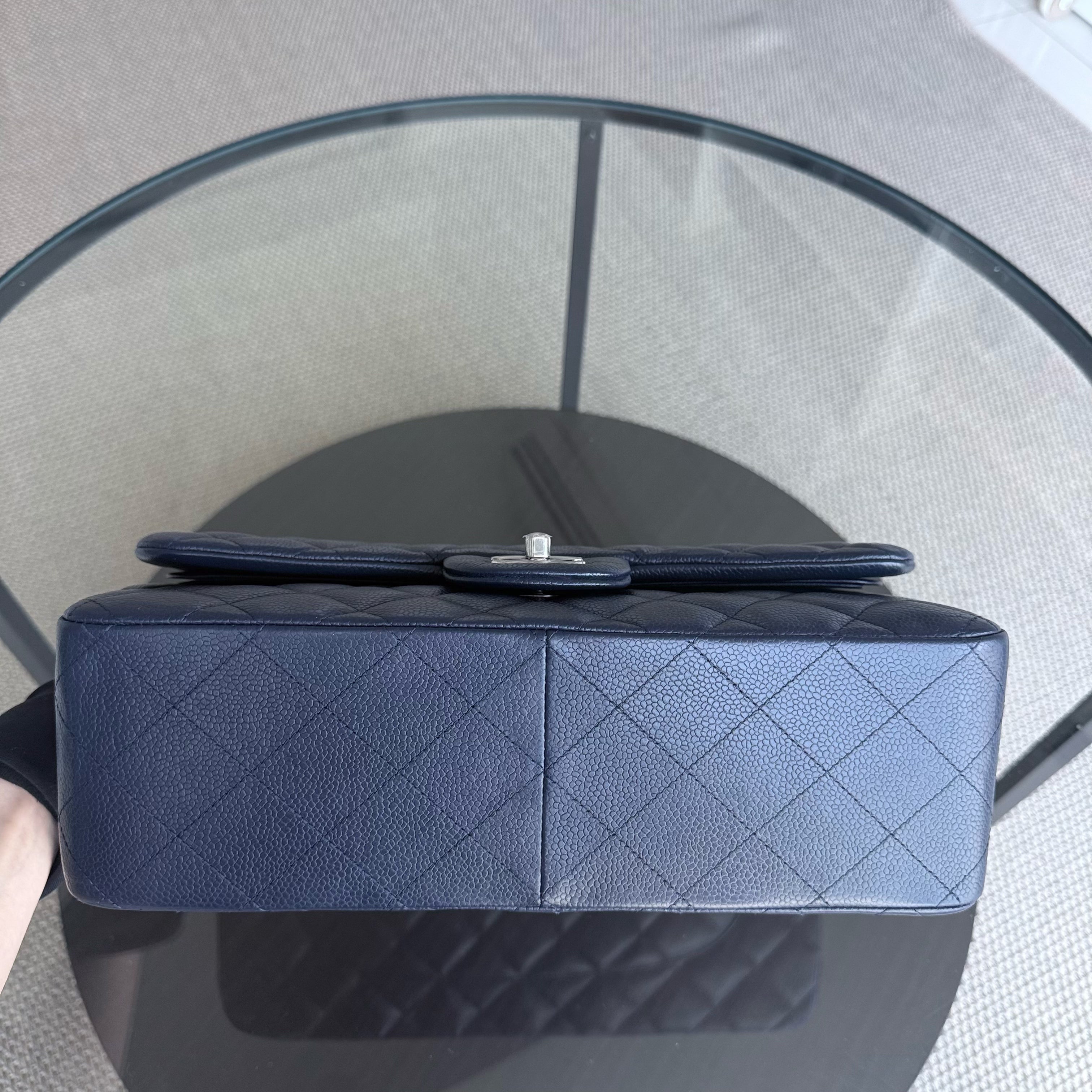 Chanel Classic Flap Jumbo - Caviar Double Flap 30CM Quilted Grained Calfskin Dark Navy Blue Silver Hardware Series 19