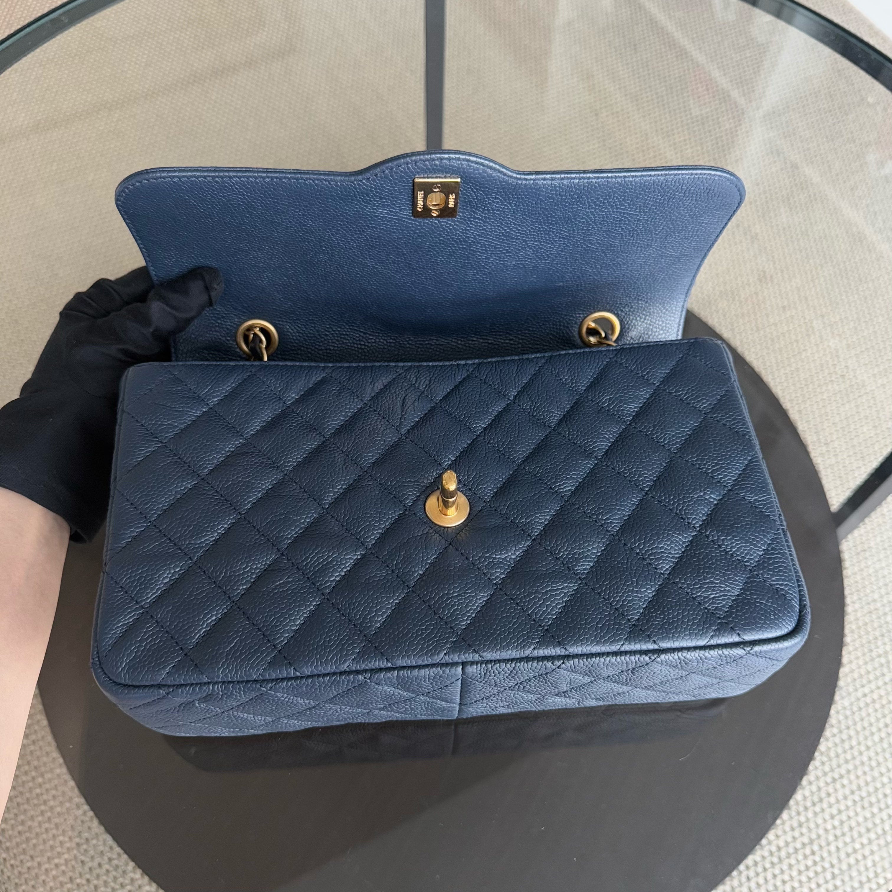 Chanel Two Tone Flap - Medium Crumpled Grained Calfskin Navy Blue Gold Series 21