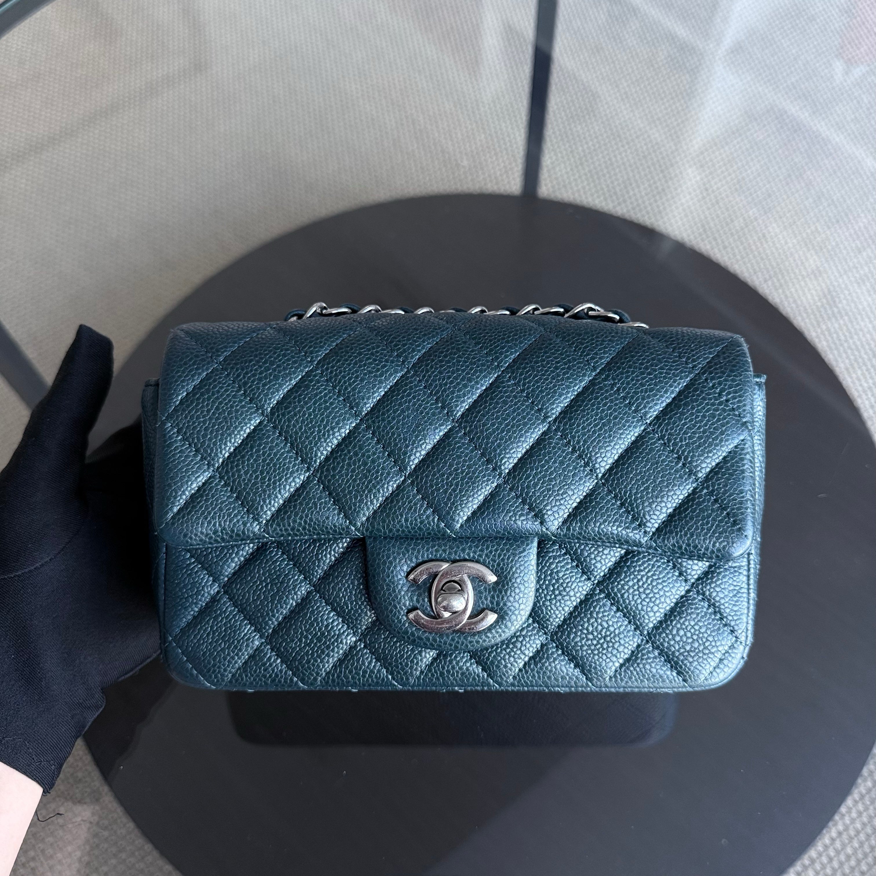 Chanel Classic Flap Mini - 20CM Caviar Quilted Dark Blue Green Silver Hardware Series 20