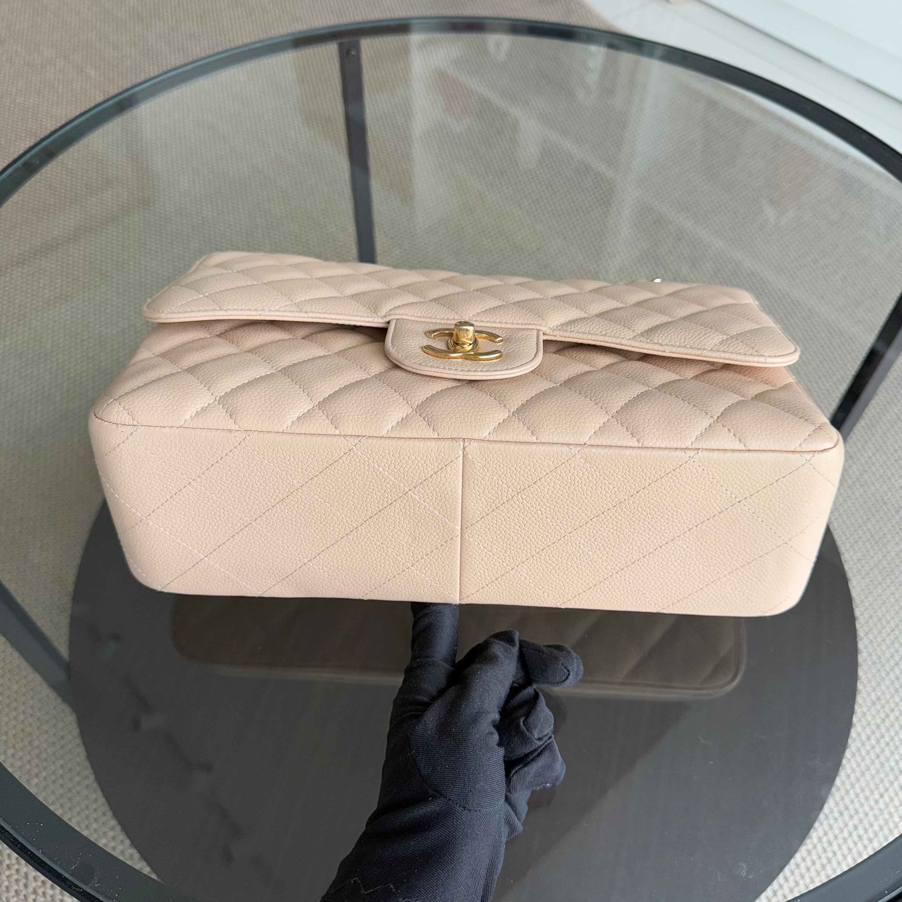 Chanel Classic Flap Jumbo - Caviar 30CM Double Flap Quilted Beige Gold Hardware Series 14