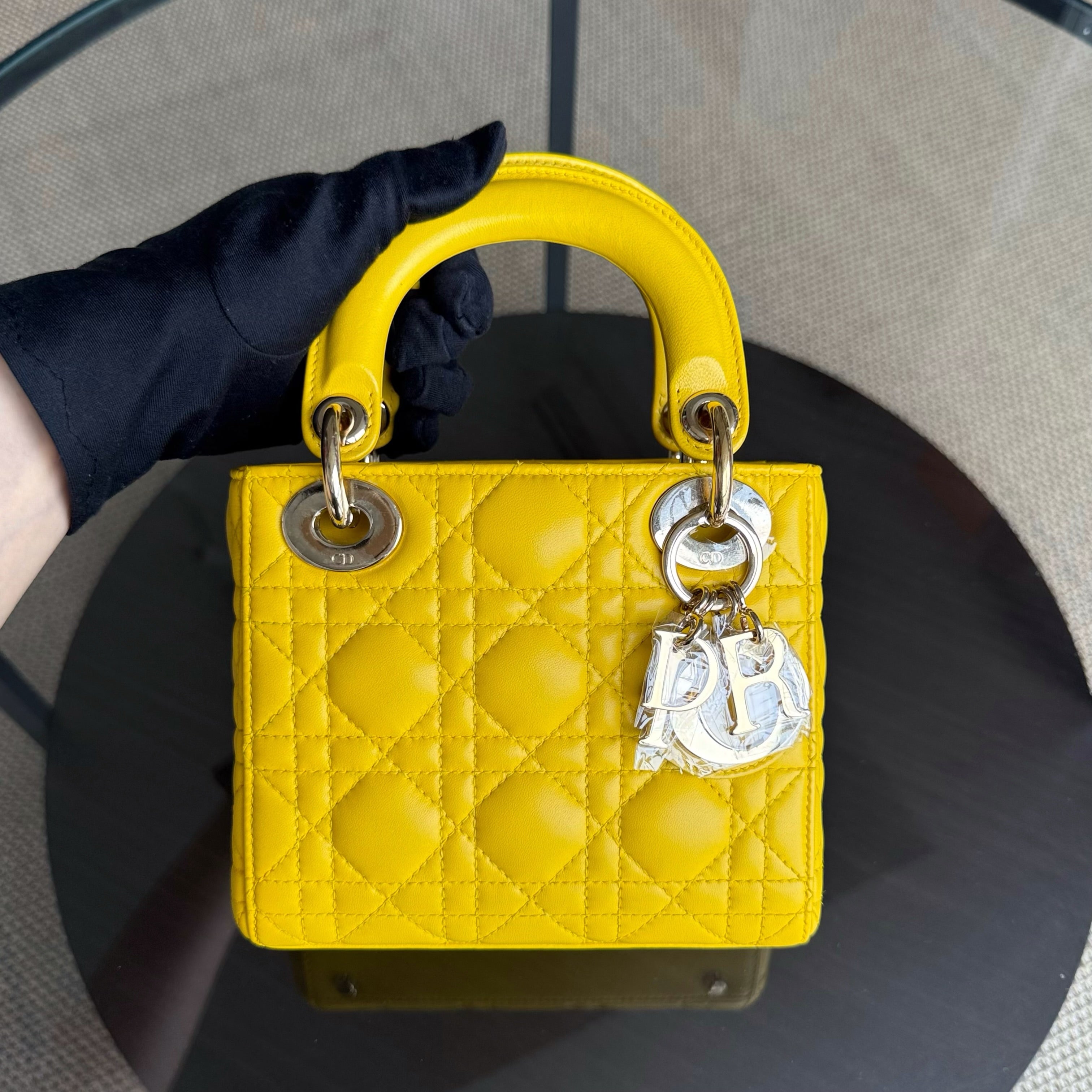 Dior Lady Mini - Cannage Lambskin Yellow Silver Hardware Adjustable Strap