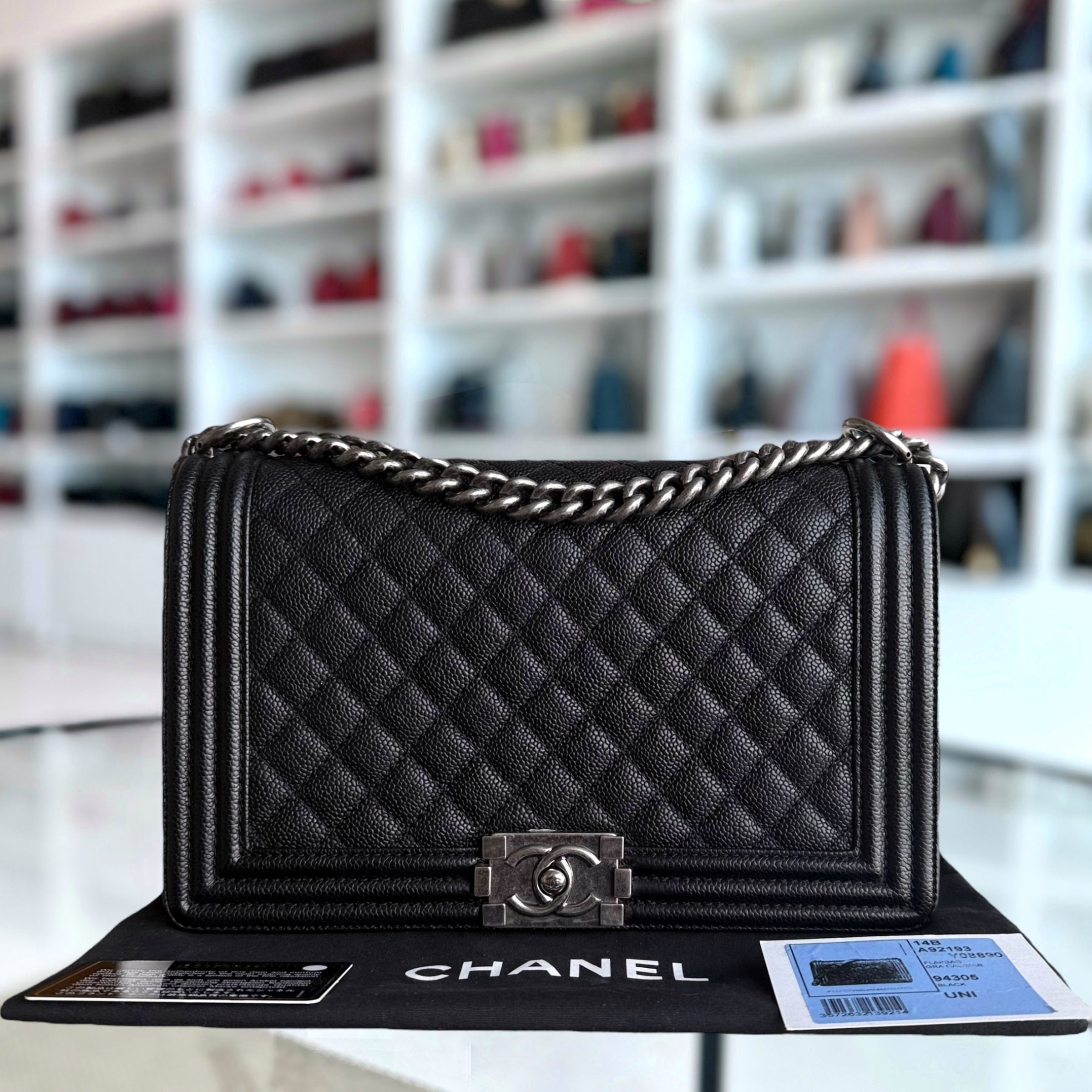 Chanel Boy Medium - Caviar 28CM Quilted Ruthenium Silver Hardware Series 19