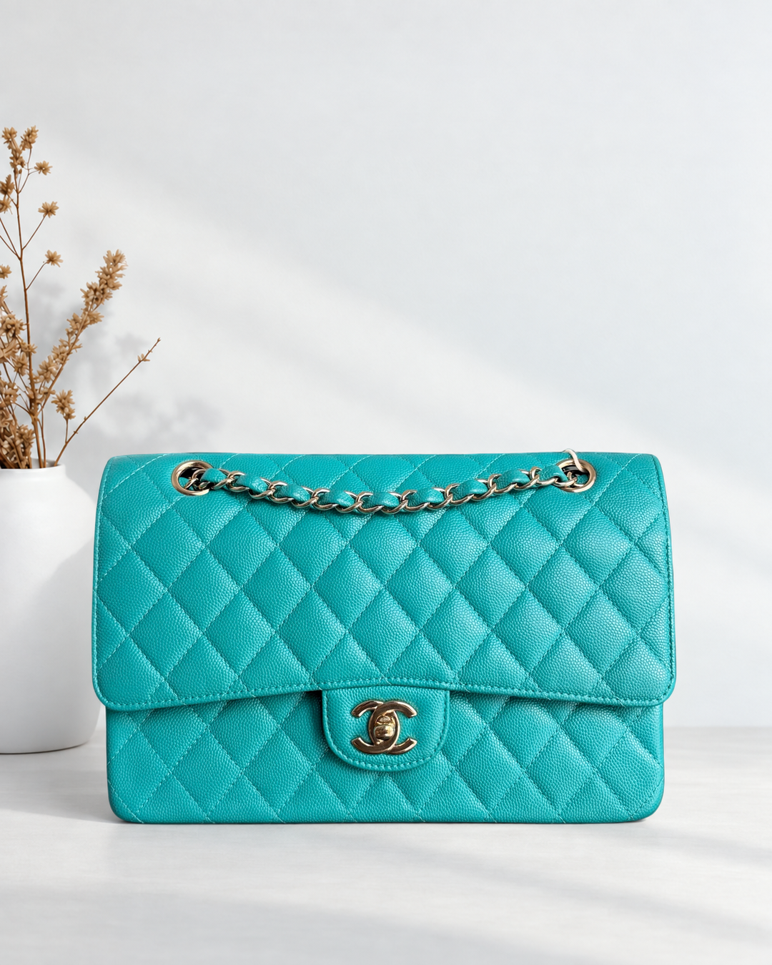 Chanel Classic Flap Medium - Caviar 25CM Quilted Cyan Blue Gold Hardware Series 23