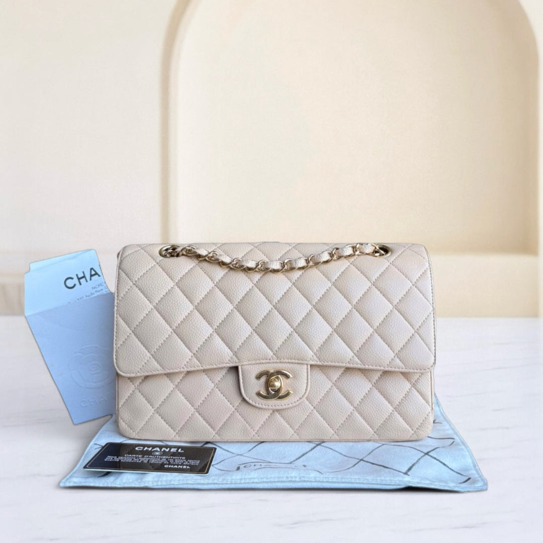 Chanel Classic Flap Medium - Caviar 25CM Quilted Grained Calfskin Beige Gold Hardware Series 16
