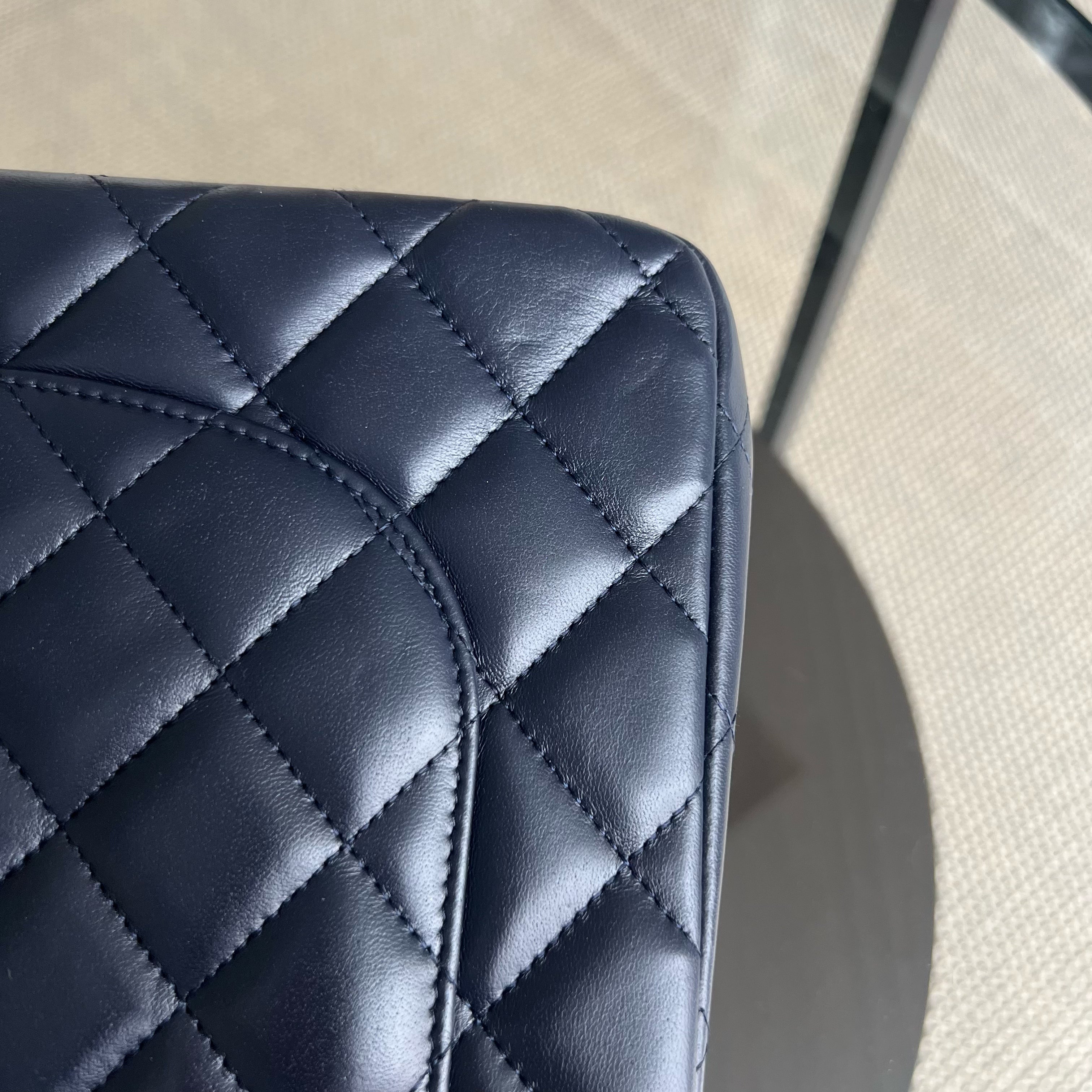 Chanel Classic Flap Jumbo - Double Flap Lambskin 30CM Quilted Dark Navy Blue Silver Hardware Series 16