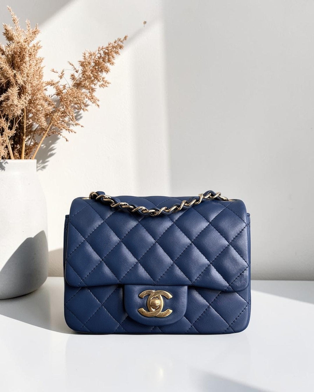 Chanel Classic Flap Mini Square - Lambskin Quilted Blue Gold Hardware Series 25