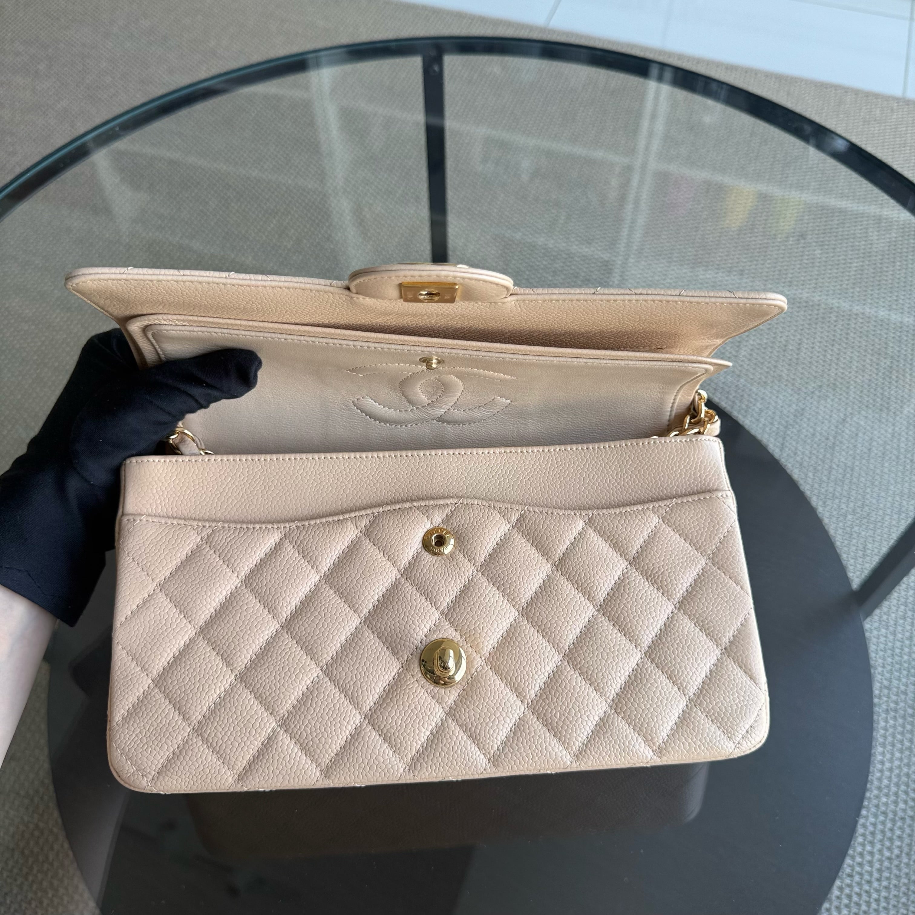 Chanel Classic Flap Medium - Caviar 25CM Quilted Grained Calfskin Beige Gold Hardware Series 15