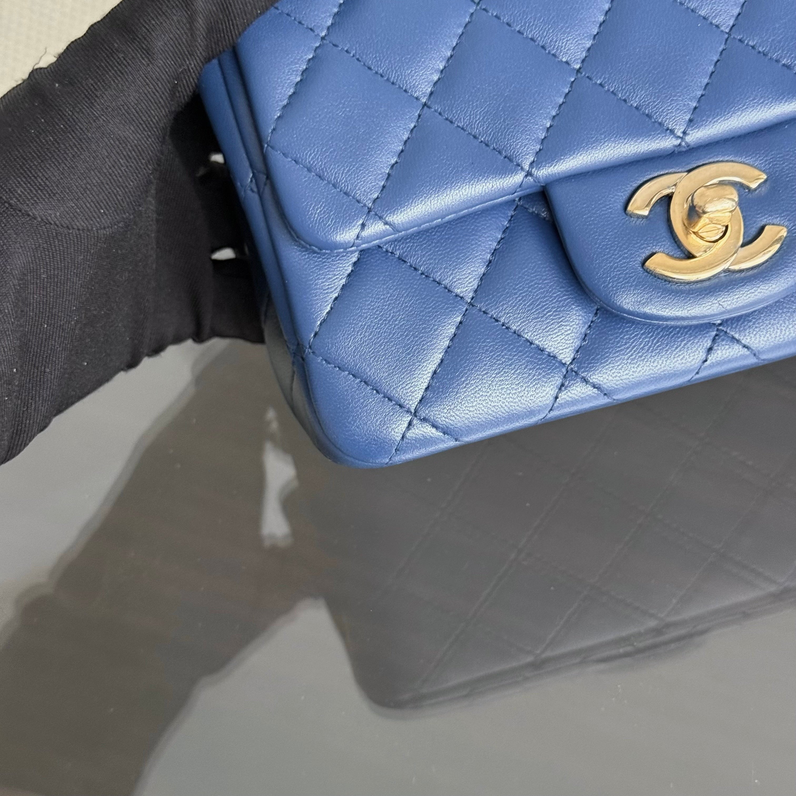 Chanel Classic Flap Mini Square - Lambskin Quilted Blue Gold Hardware Series 25