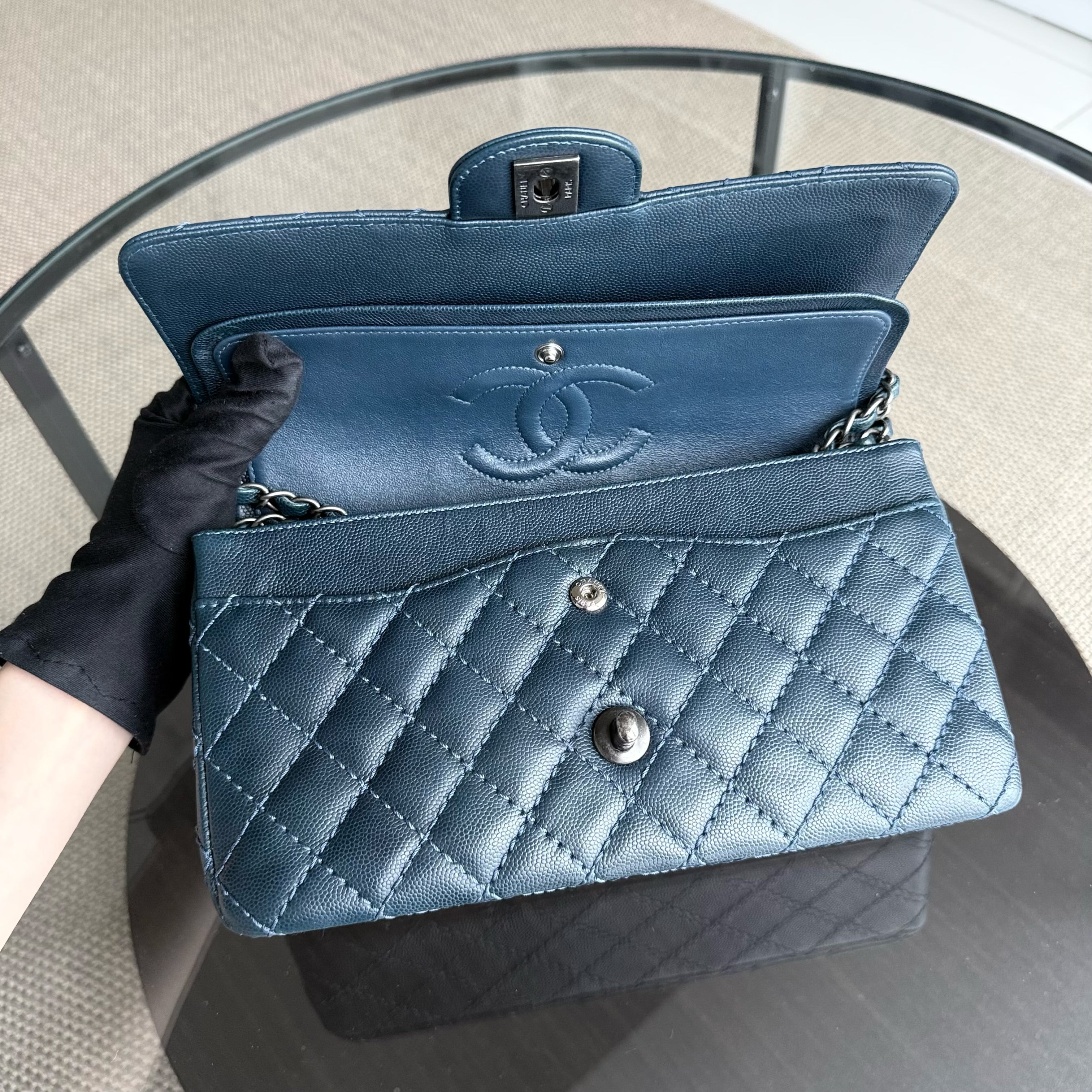 Chanel Classic Flap Medium - Caviar 25CM Quilted Grained Calfskin Dark Blue Silver Hardware Series 23