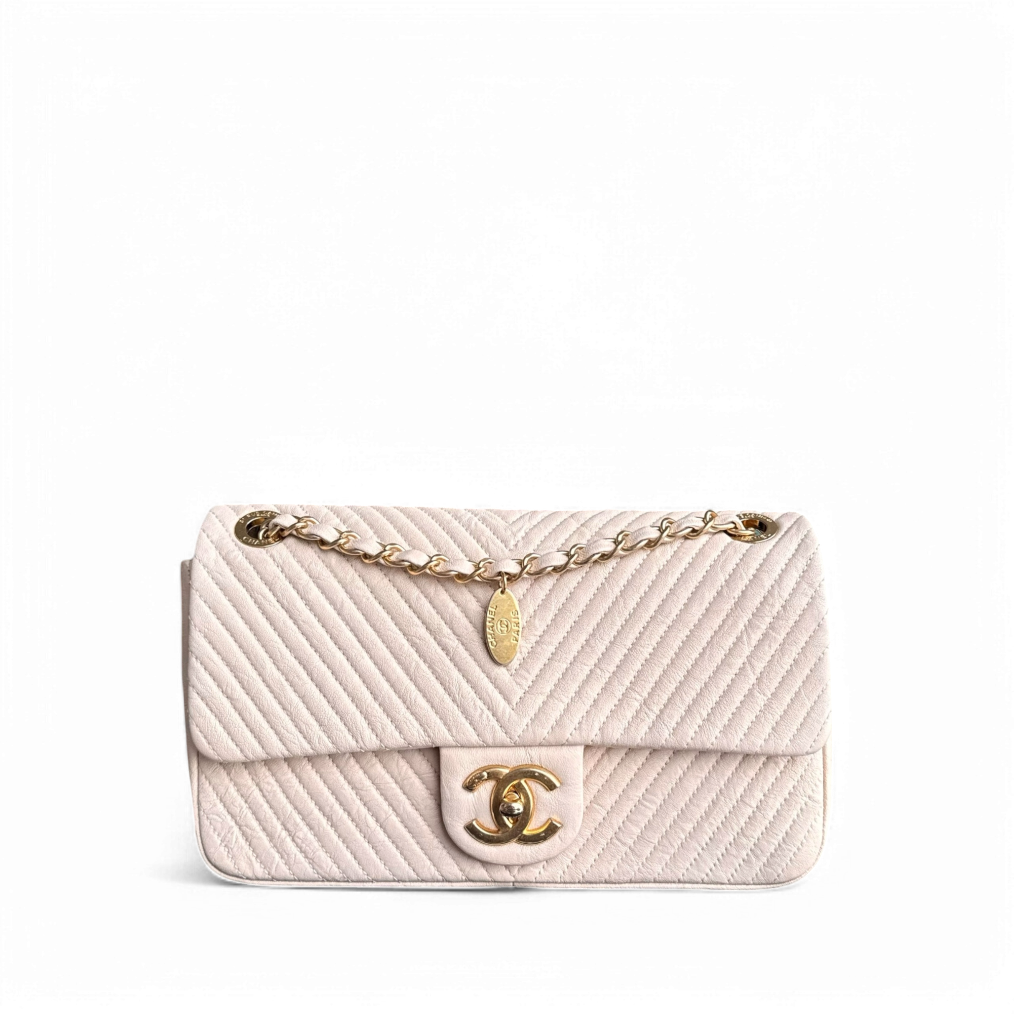 Chanel Surpique Seasonal Cruise Flap - Wrinkled Chevron Lambskin Quilted Medium Flap Beige Gold Hardware Series 18