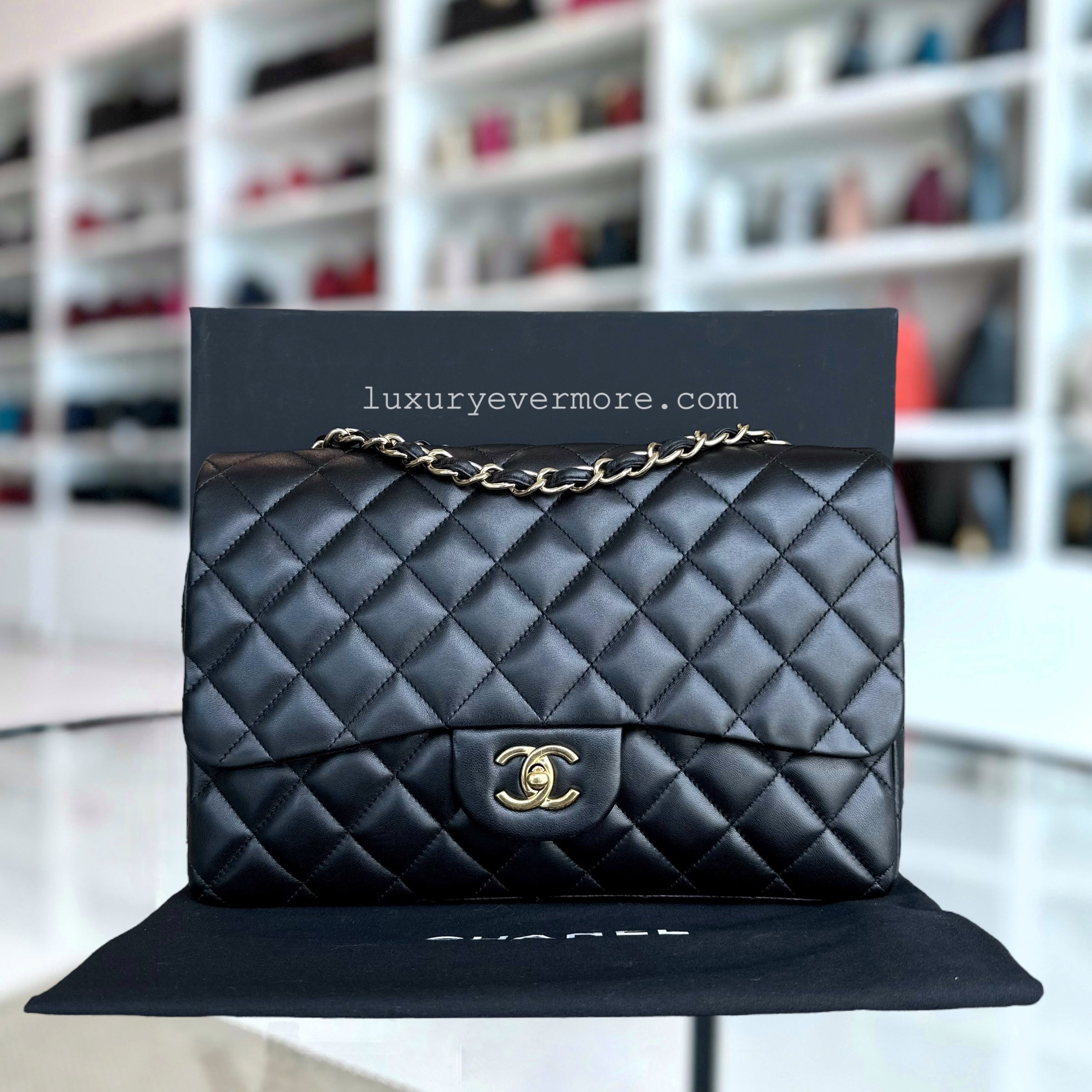 Chanel Jumbo Classic Flap Single Flap Quilted Lambskin Black Gold Hardware