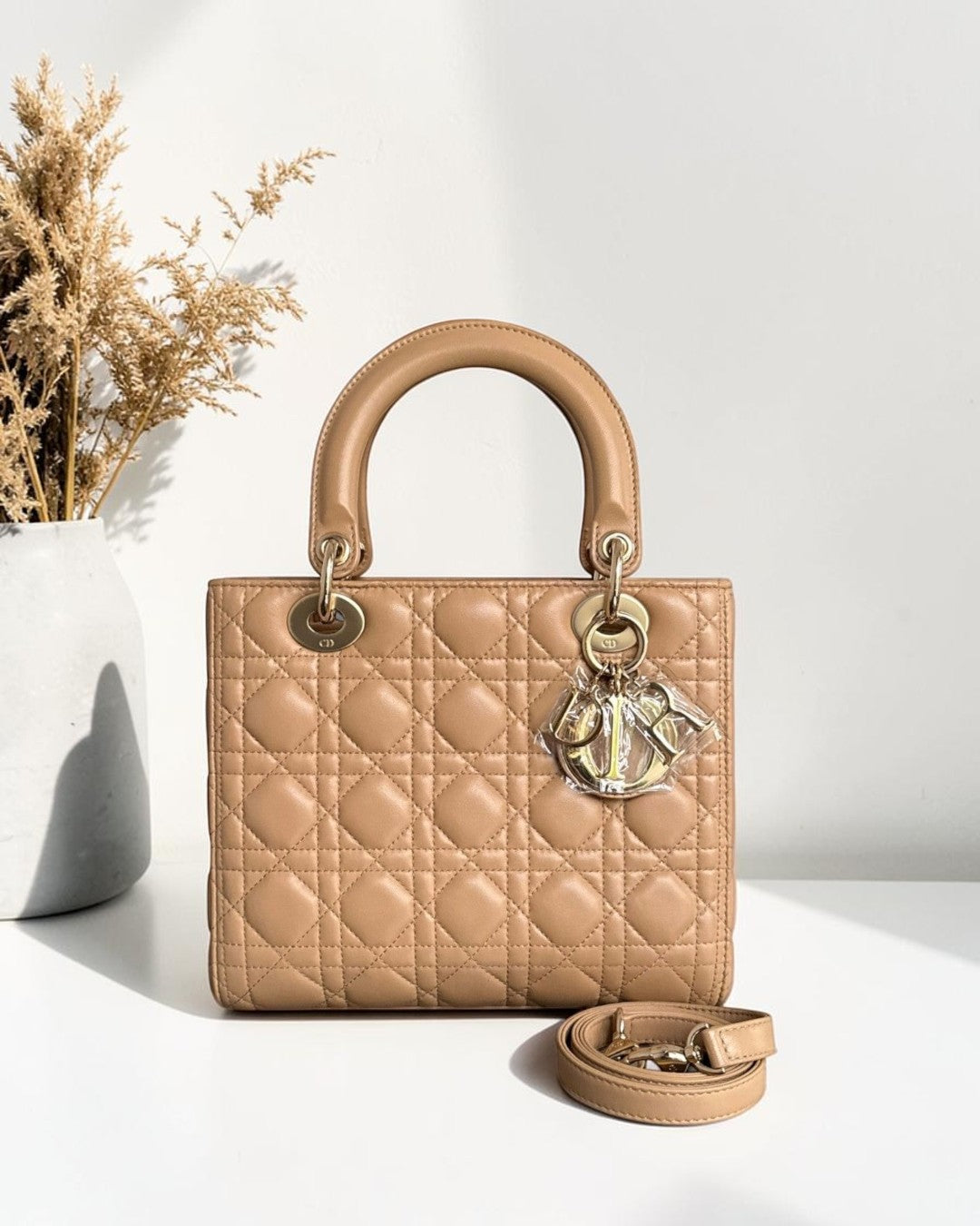 Dior Lady Medium - Cannage Lambskin Beige Brown Gold Hardware Strap