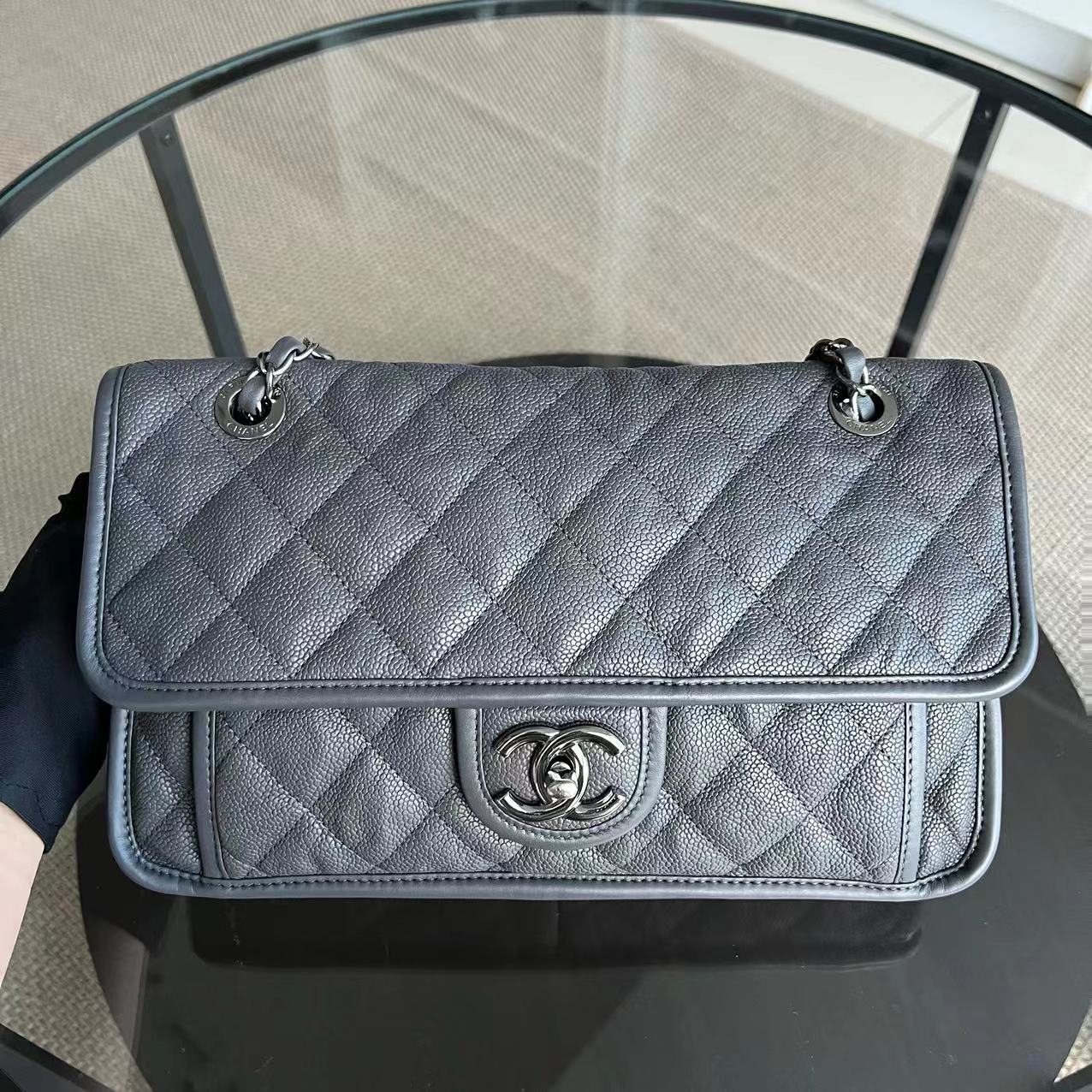 Chanel Caviar French Riviera Medium 25CM Dark Grey Gray Silver Hardware Series 19