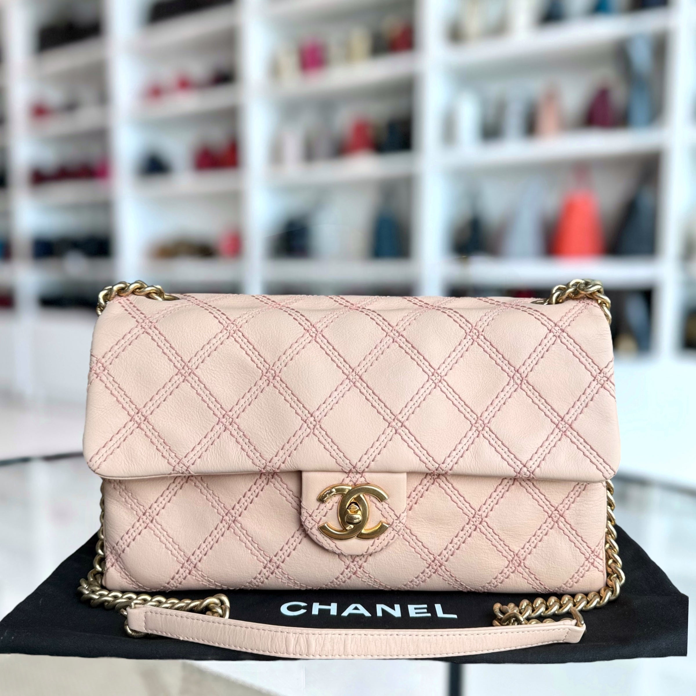 Chanel Seasonal Flap Medium - Triple Stitched Calfskin Quilted Pink Gold Hardware Series 19