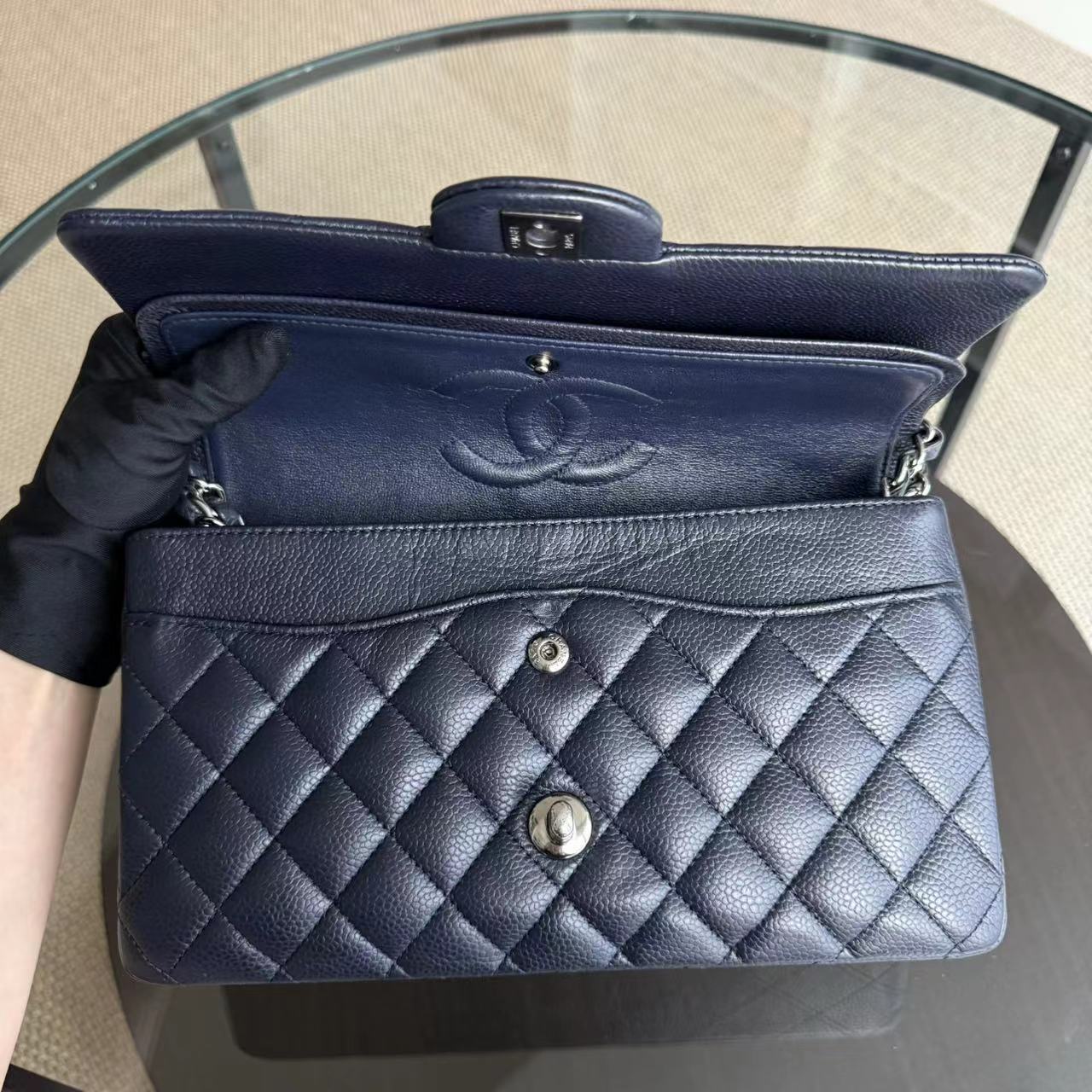 Caviar Medium Classic Flap Quilted Dark Blue Silver Hardware Series 18