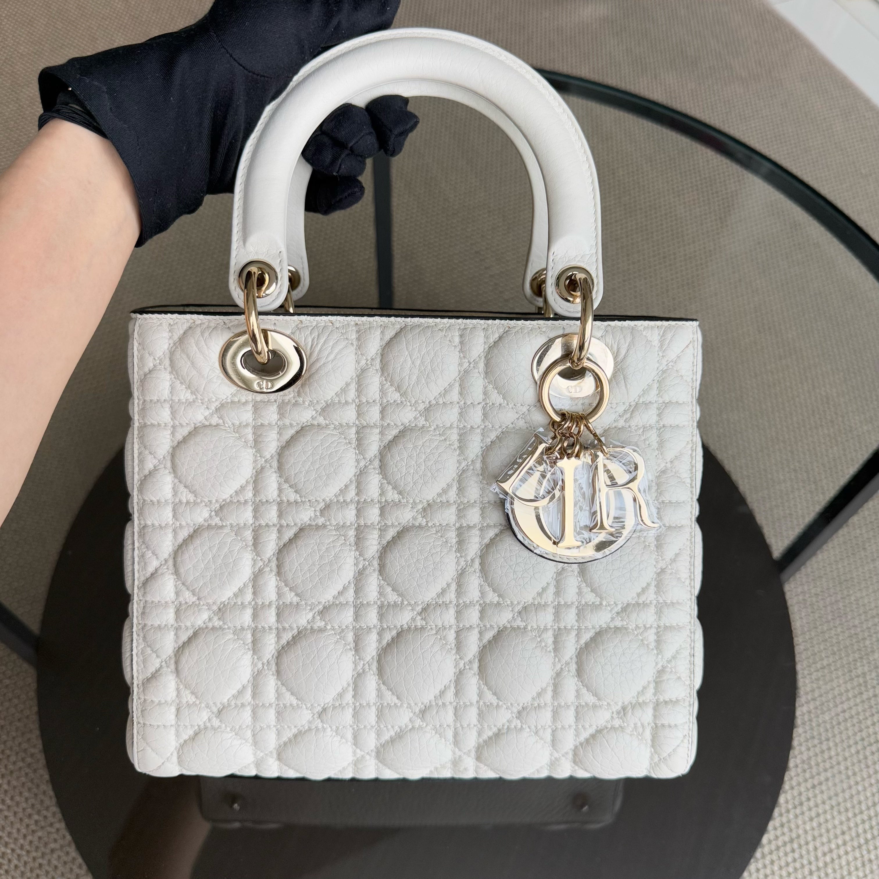 Dior Lady Flap Medium - Cannage Grained Calfskin Cream White Gold Hardware