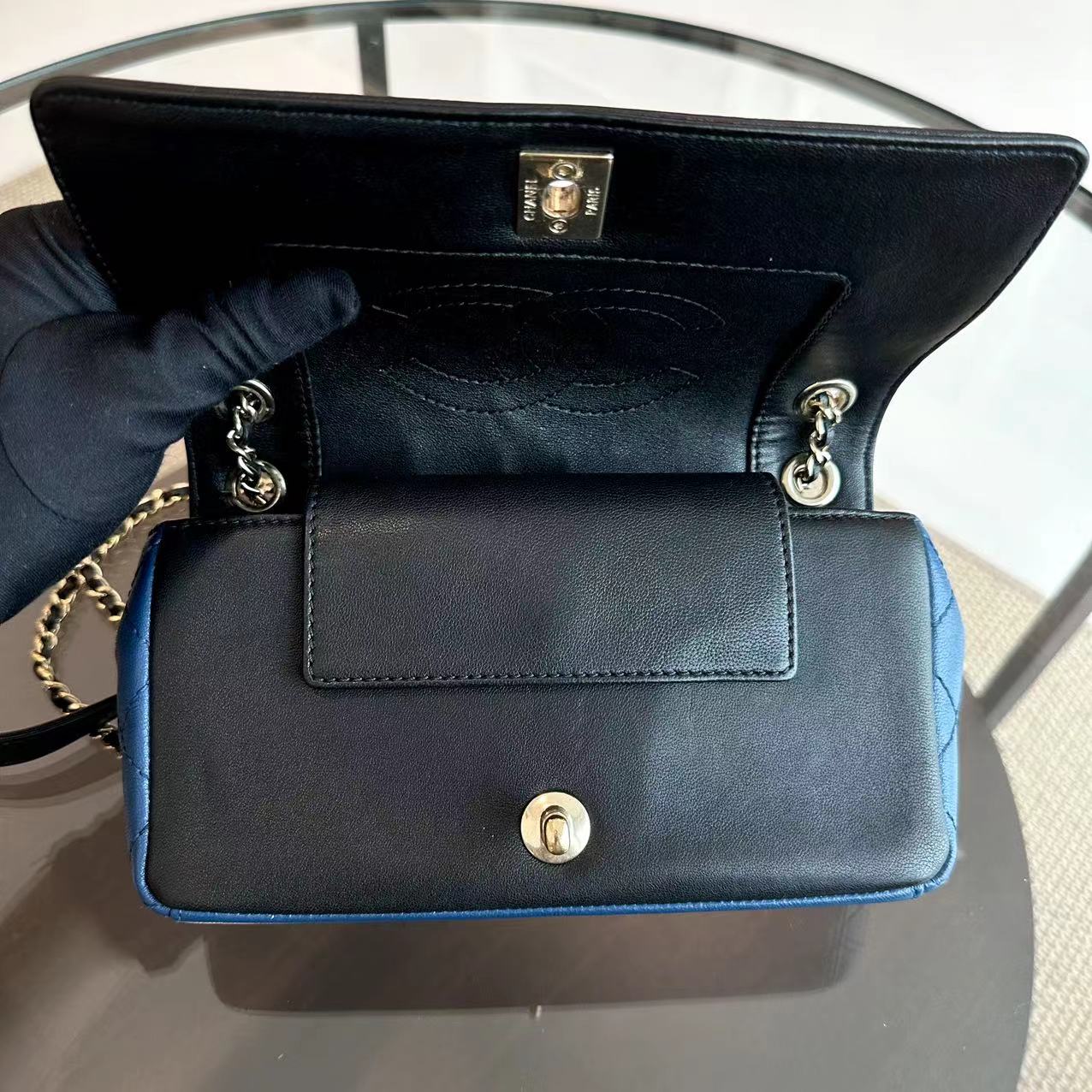 Chanel Seasonal Flap Mademoiselle Small 20CM Calfskin Two-Tone Black Blue Golden Hardware Series 23