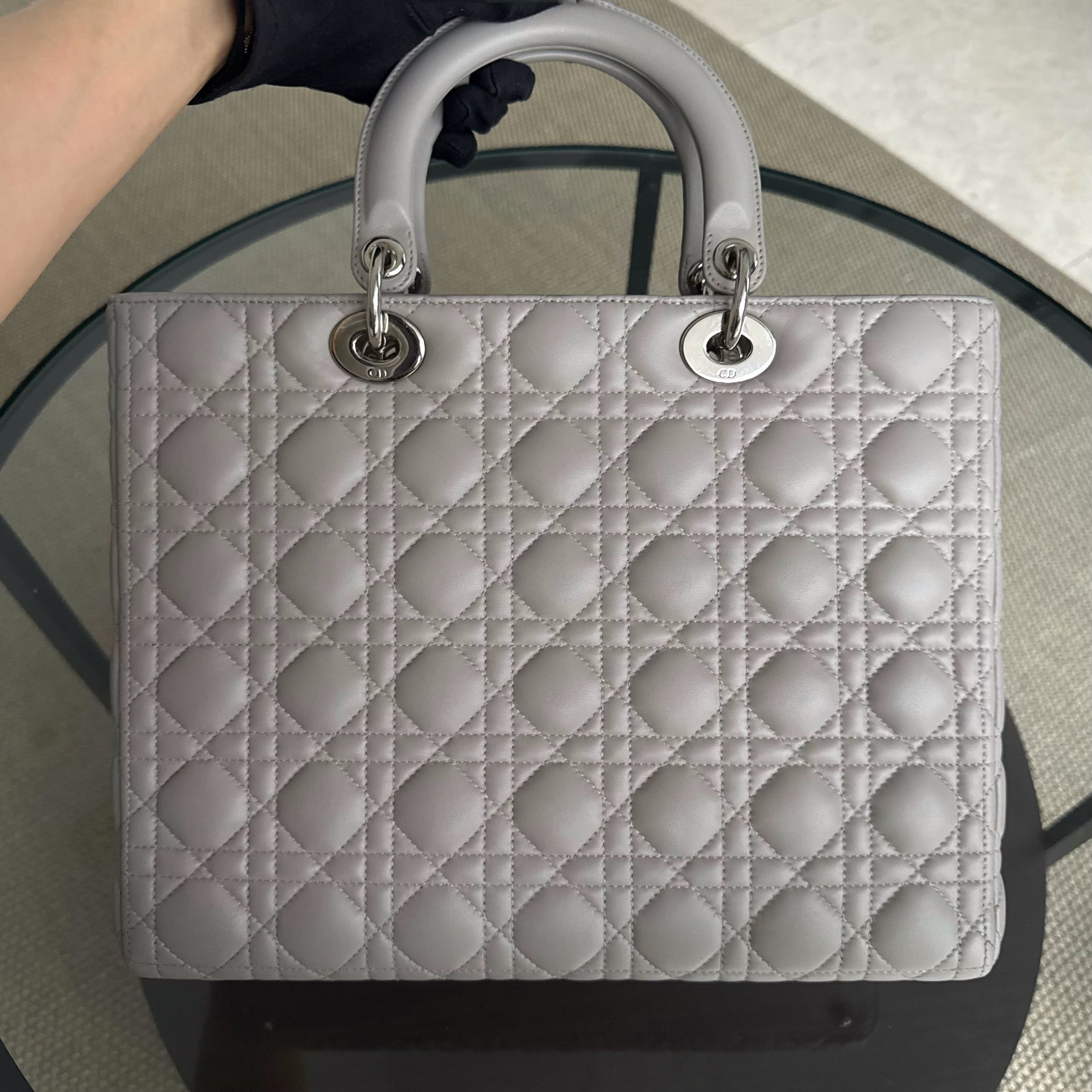 Dior Lady Large - Cannage Lambskin Light Gray Grey Silver Hardware
