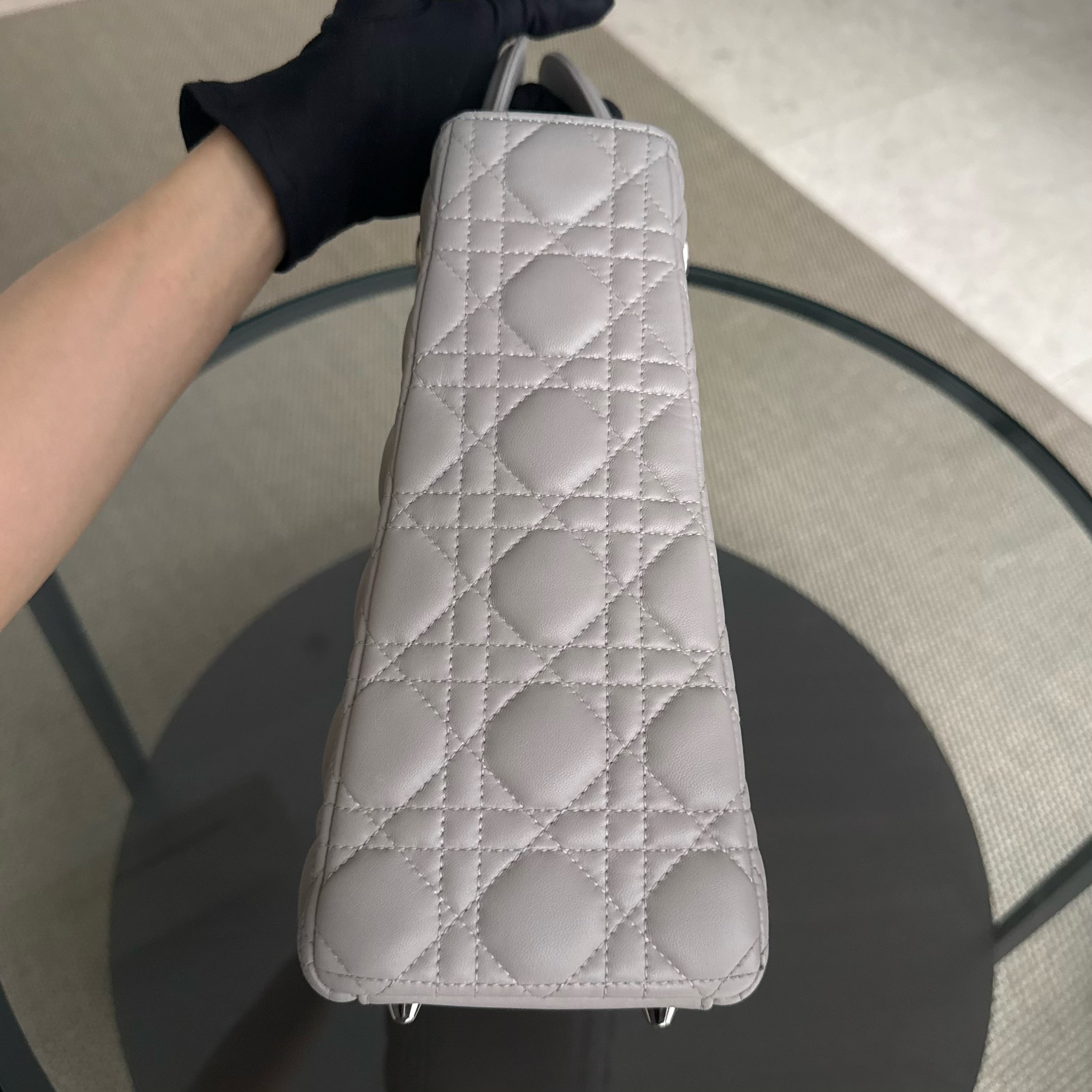 Dior Lady Large - Cannage Lambskin Light Gray Grey Silver Hardware
