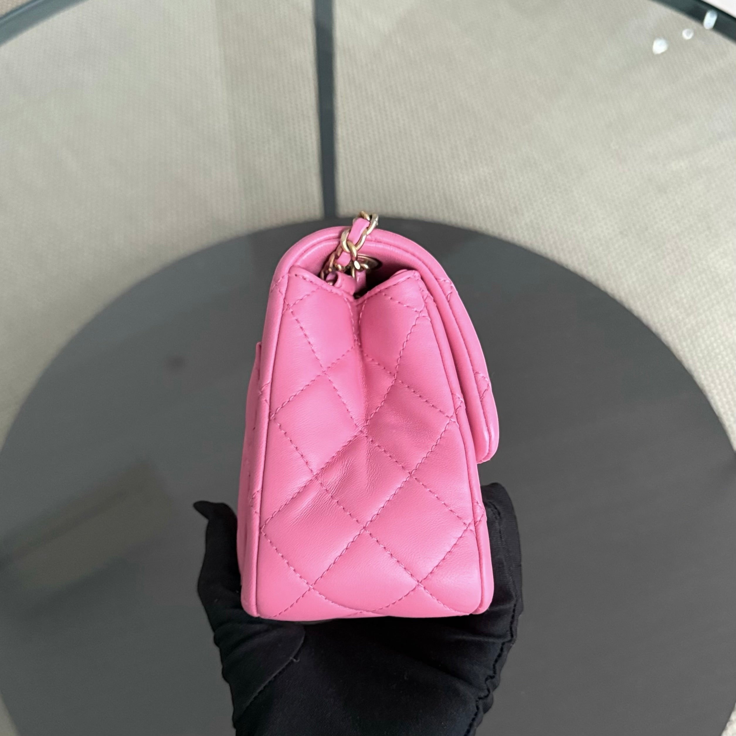 Chanel Classic Flap Mini Square- 17CM Pearl Crush Quilted Lambskin Pink Gold Hardware Series 30