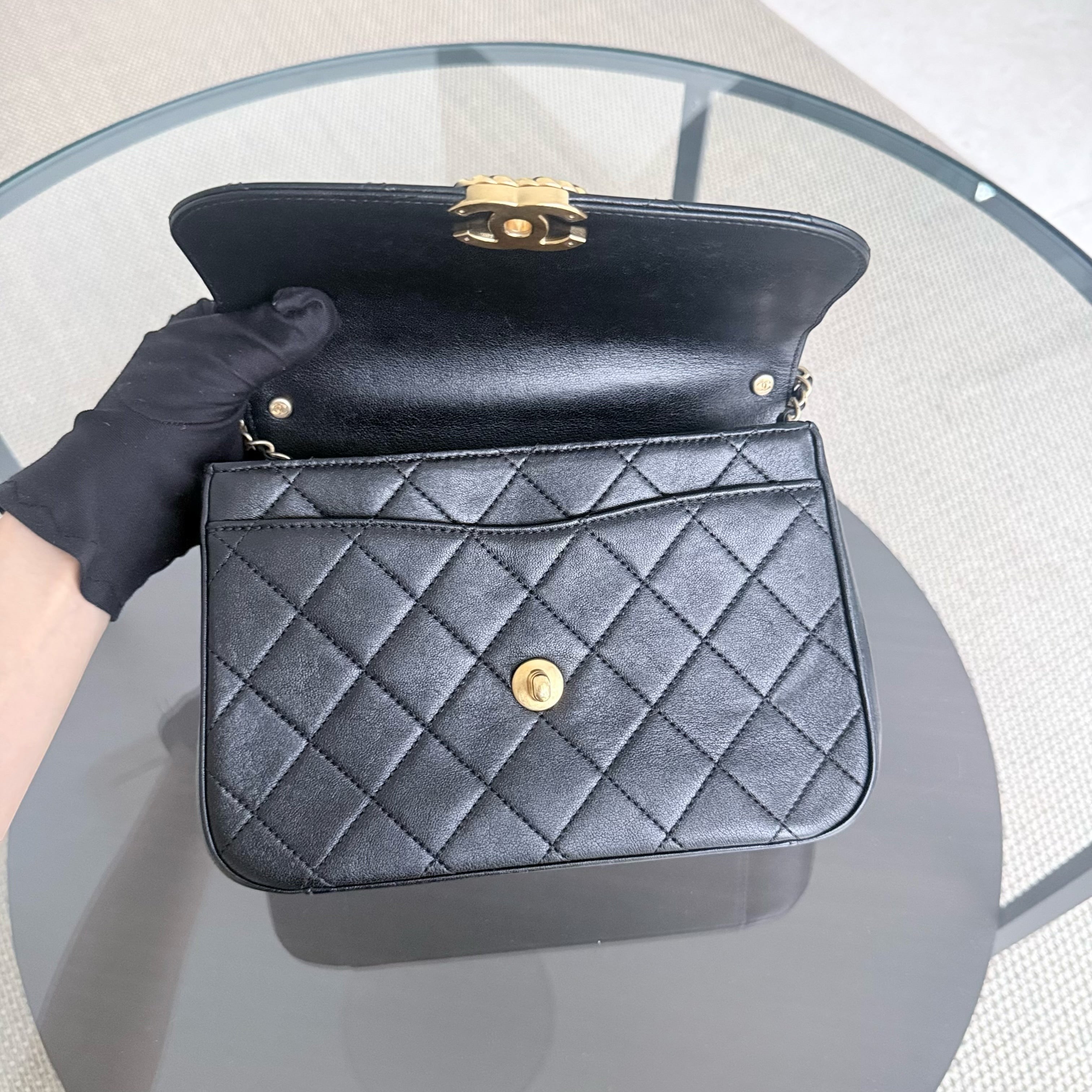 Chanel 19 Bag Flap - C19 With Top Handle Quilted Black Gold Hardware Series 28