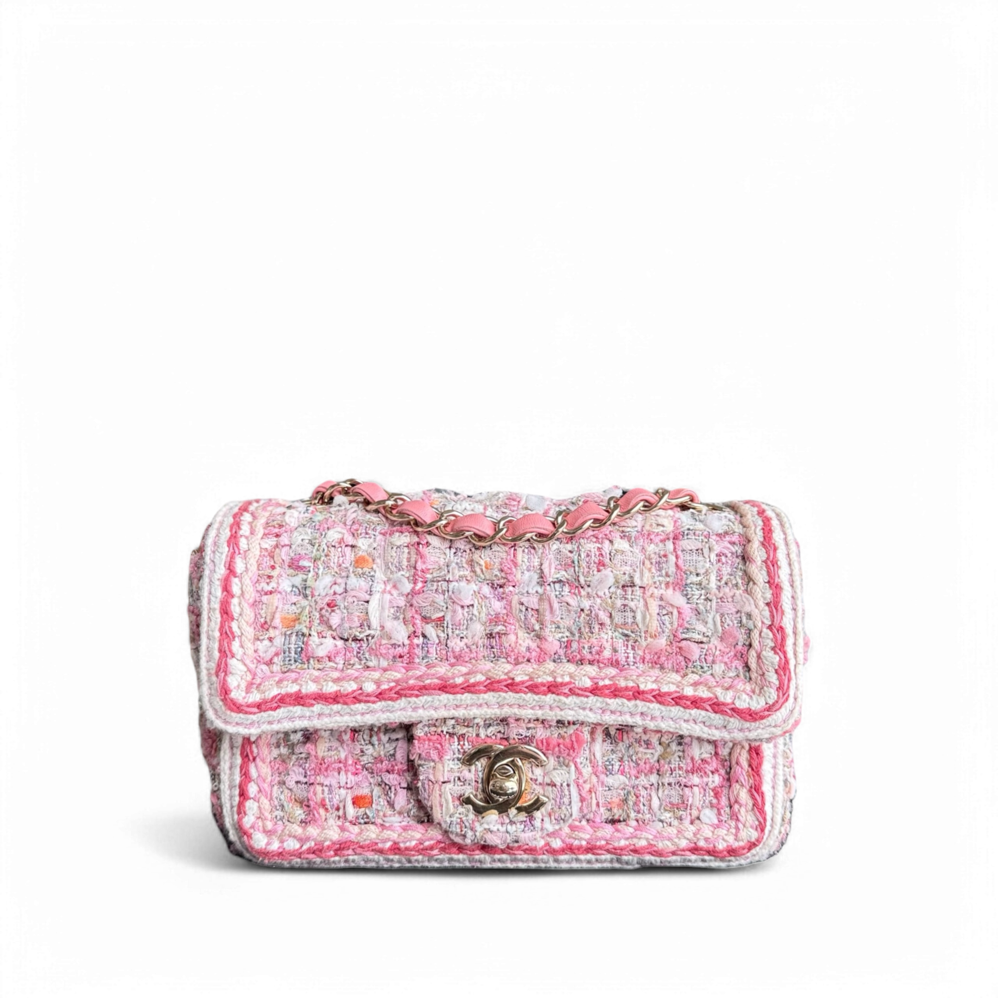 Chanel Classic Flap Mini - Tweed Braid Quilted Pink Gold Hardware Series 27