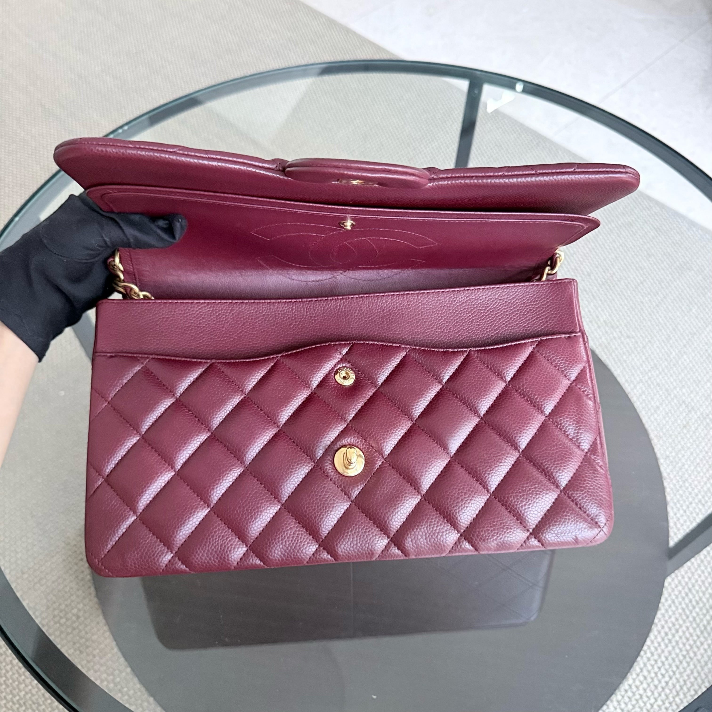 Chanel Classic Flap Jumbo - Caviar 30CM Double Flap Quilted Burgundy Gold Hardware series 21