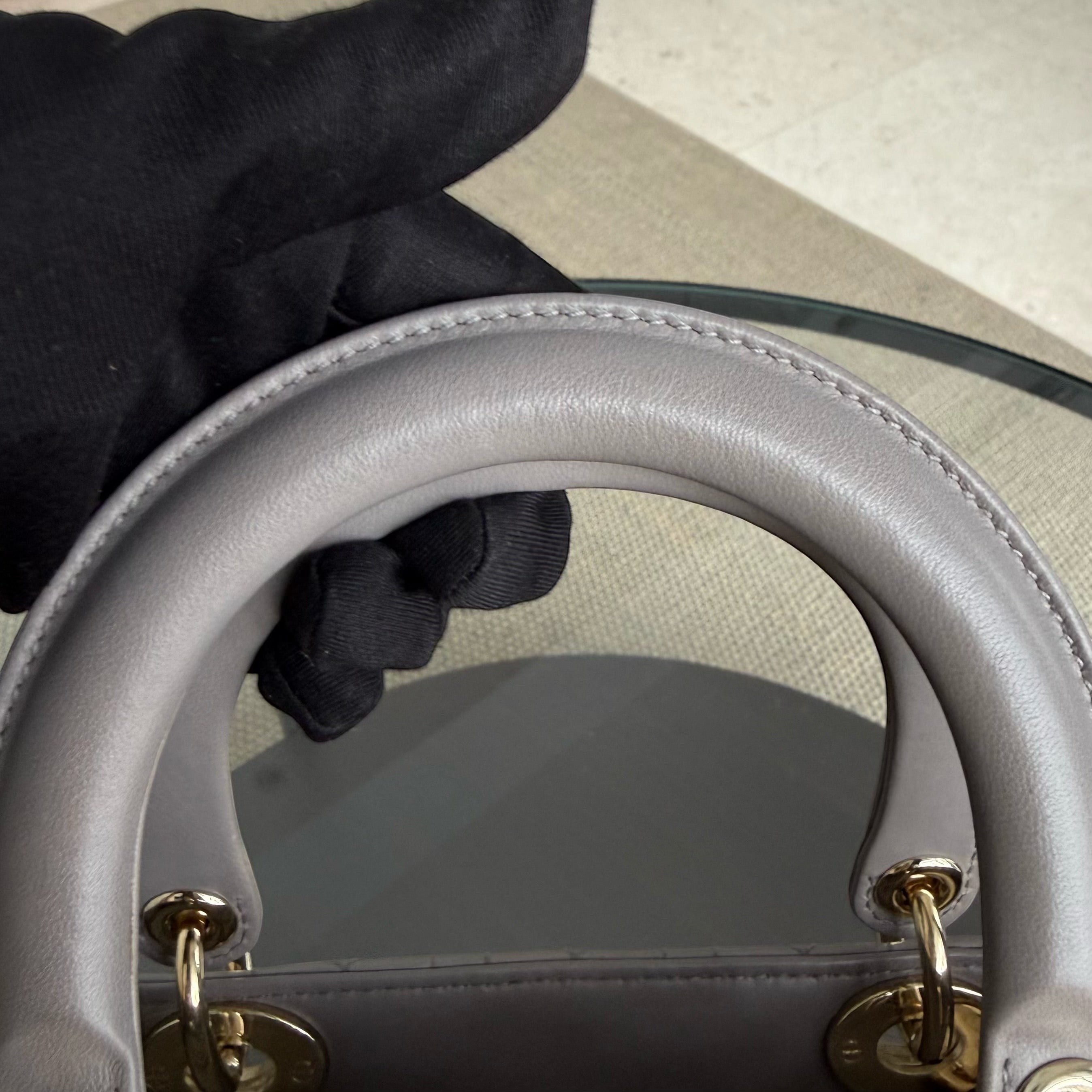 Dior Lady Medium - Cannage Lambskin Gray Grey Gold Hardware Adjustable Strap