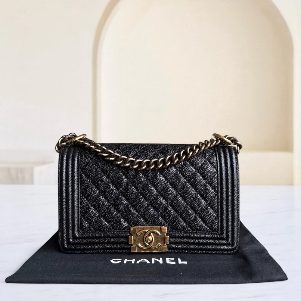 Chanel Boy Medium - Caviar 25CM Quilted Grained Calfskin Black Gold Hardware Series 19