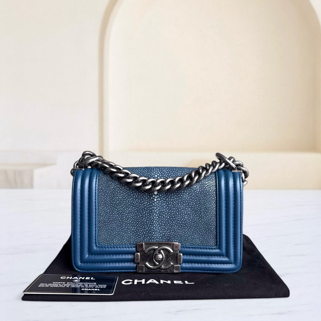 Chanel Boy Small - Small Galuchat Stingray Blue Ruthenium Silver Hardware Series 16