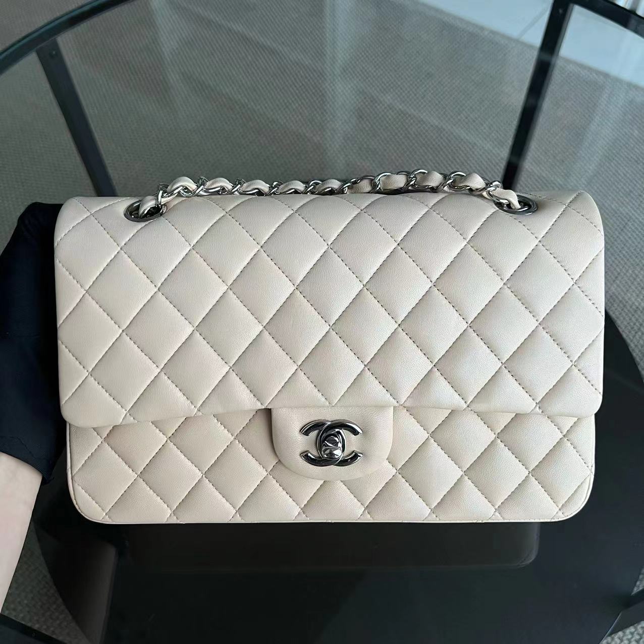 Chanel Medium Classic Flap Double Flap Quilted Lambskin Beige Silver Hardware Series 14