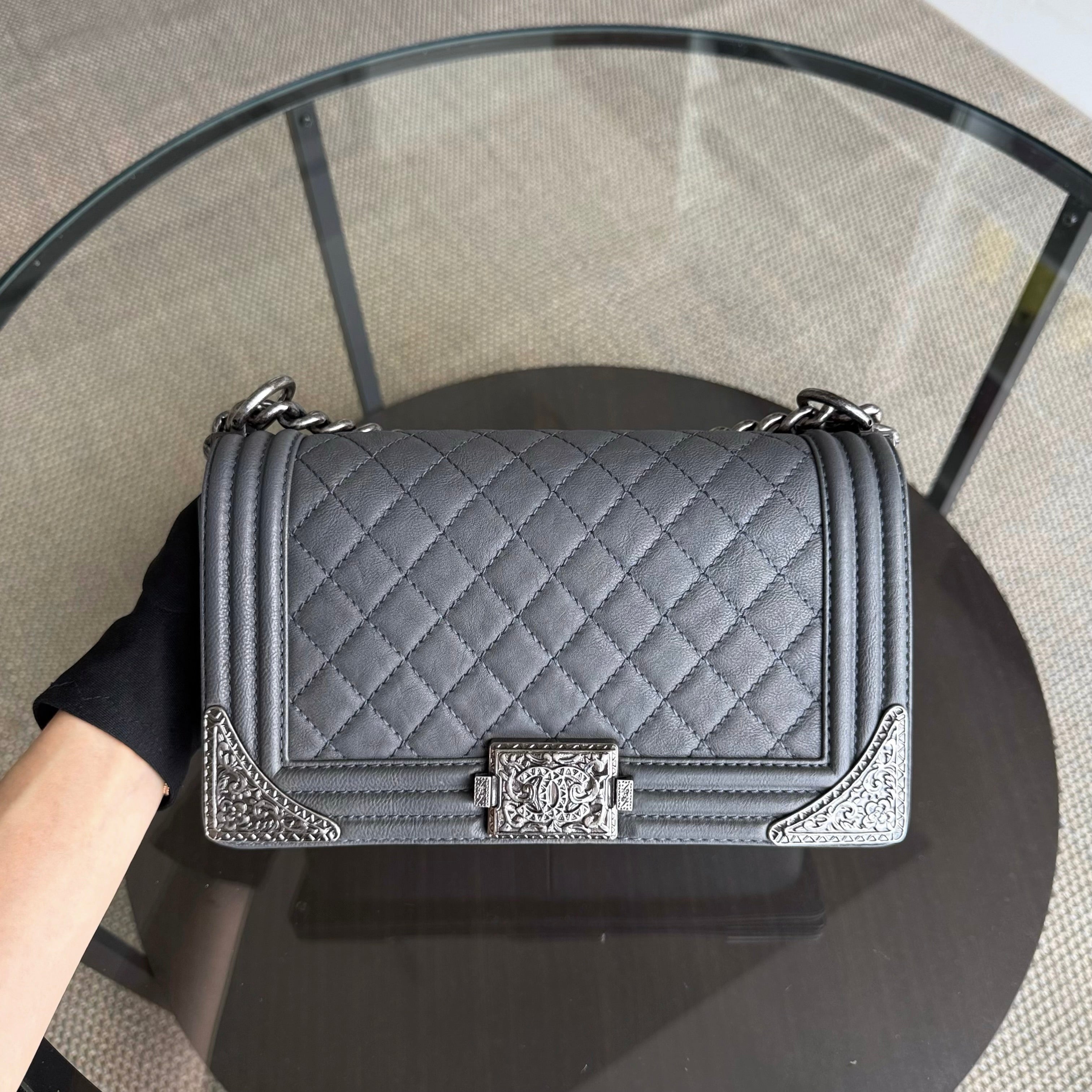 Chanel Boy Medium - 25CM Quilted Limited Edition Paris-Dallas Metal Edge Grained Calfskin Gray Silver Hardware Series 19