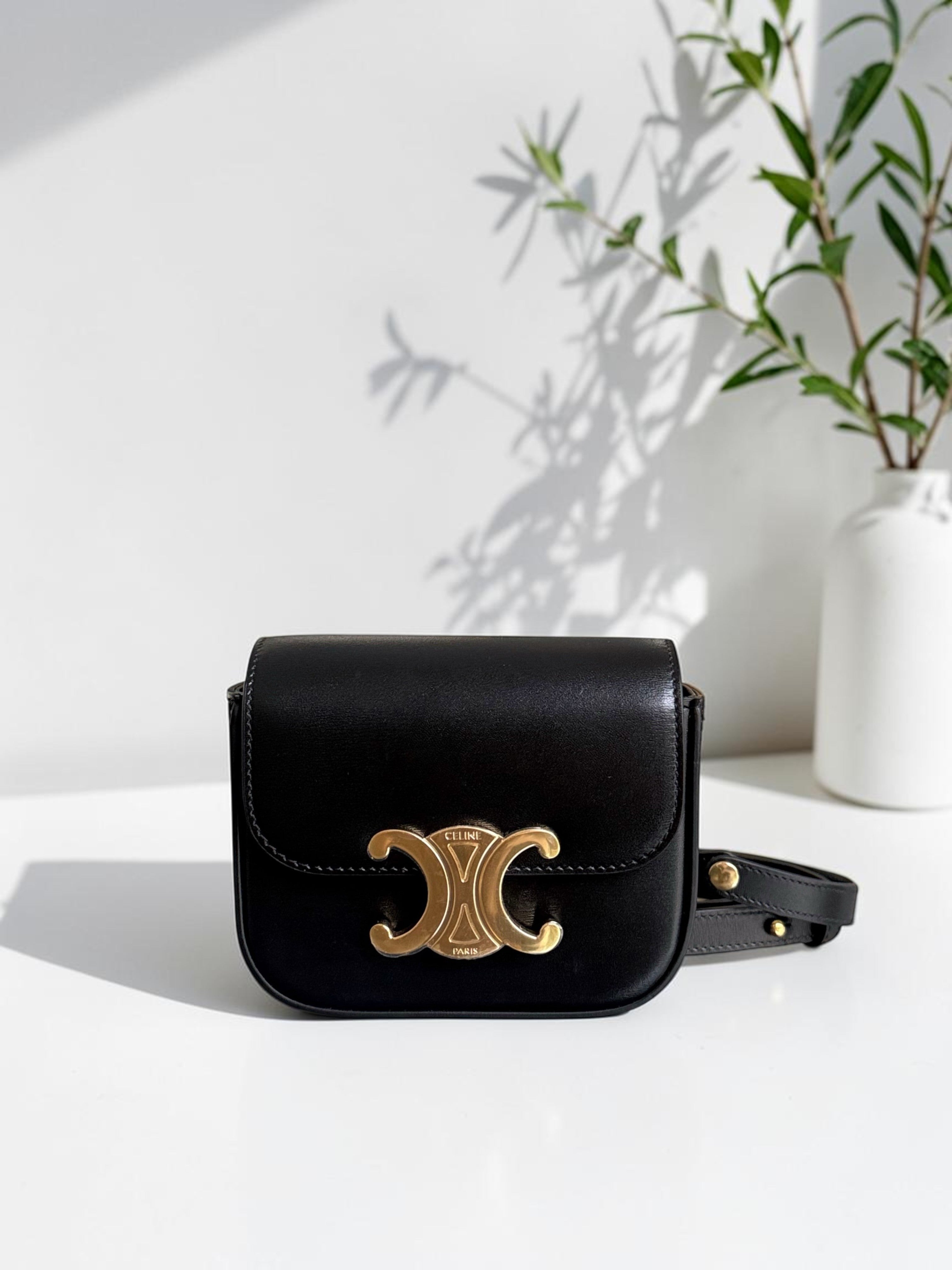 Celine Triomphe Mini Claude Flap Bag in Black Shiny Calfskin and GHW