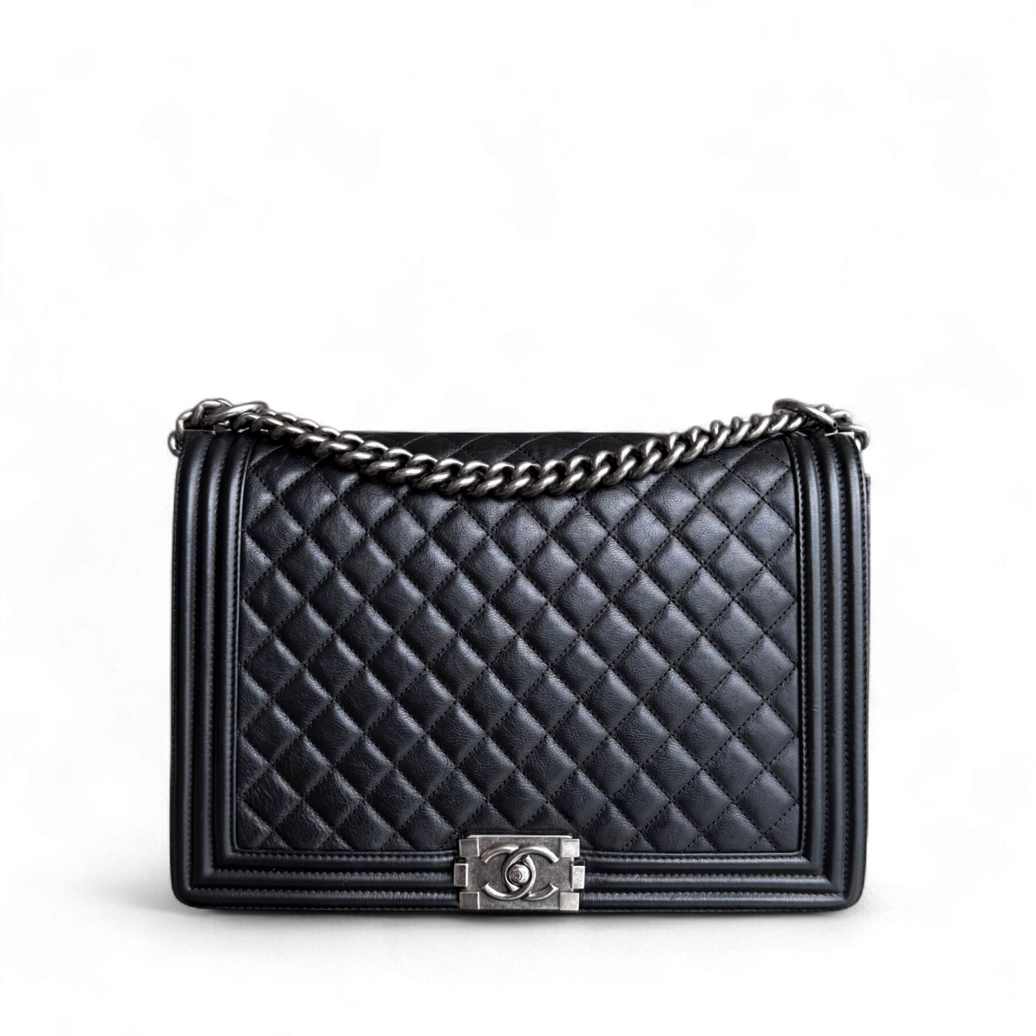 Chanel Boy Large - Quilted Grained Calfskin Black Silver Hardware Series 17