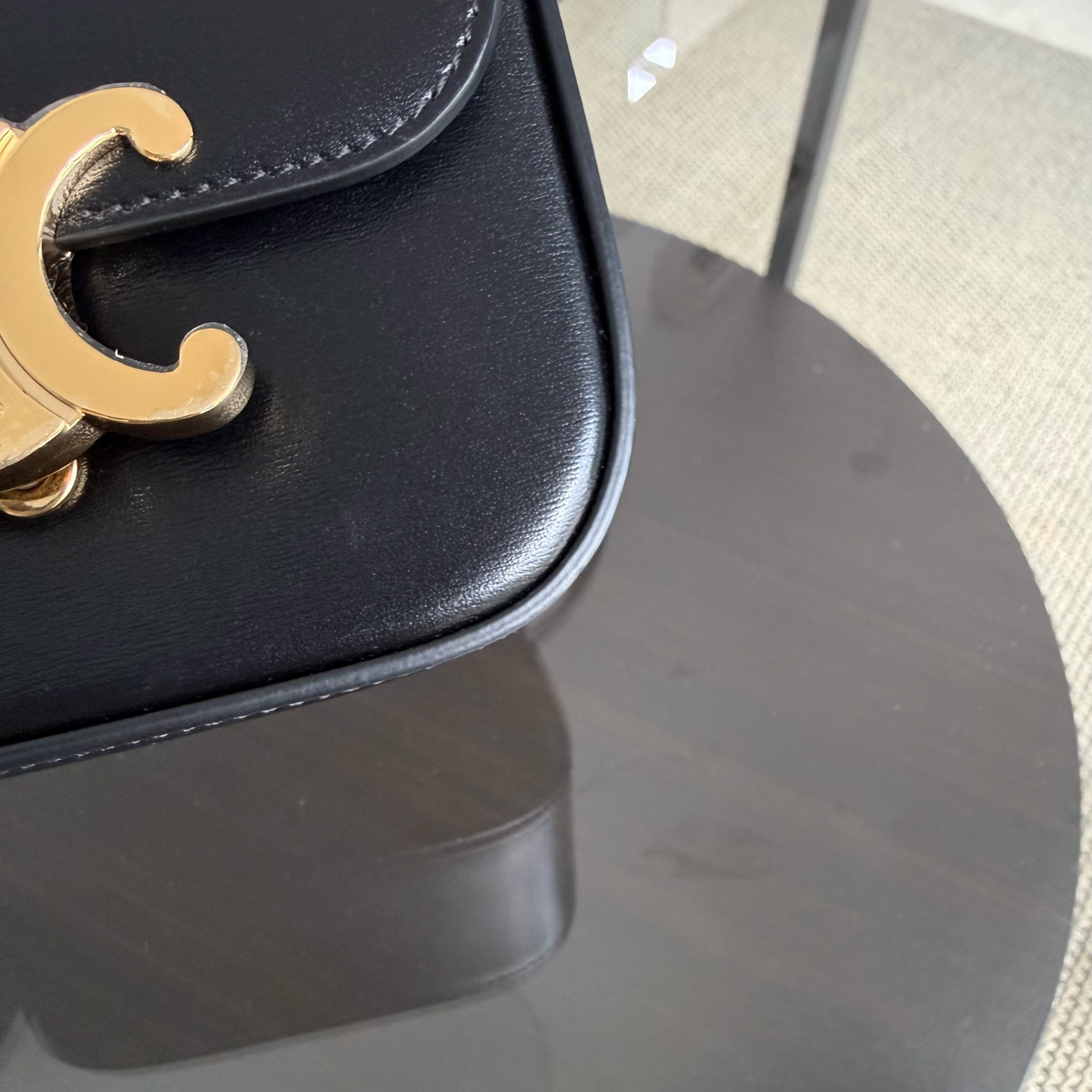 Celine Triomphe Mini Claude Flap Bag in Black Shiny Calfskin and GHW