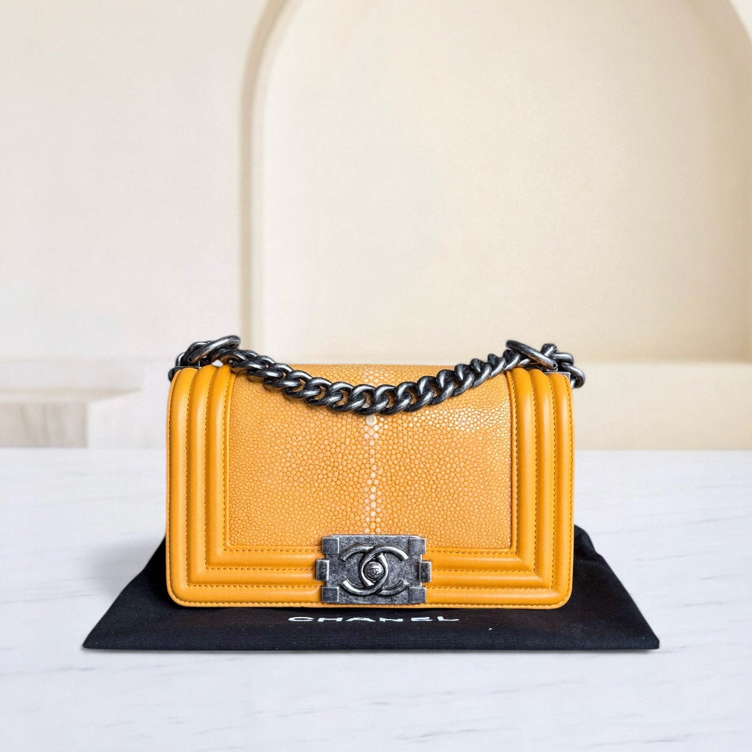 Chanel Boy Small - Small Stingray Yellow Mustard Ruthenium Silver Hardware Series 21