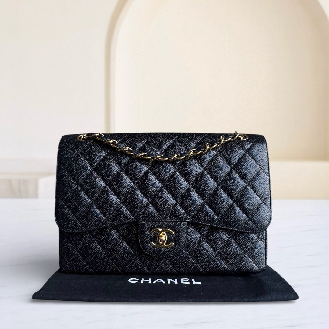 Chanel Classic Flap Jumbo - Caviar 30CM Double Flap Quilted Grained Calfskin Black Gold Hardware