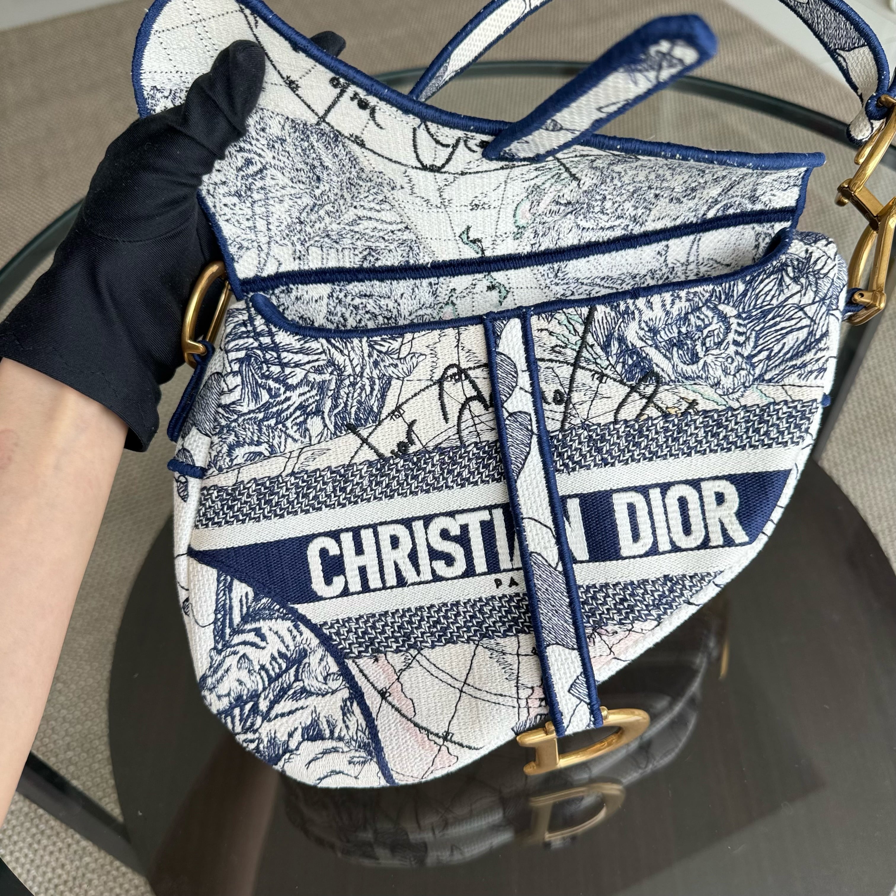 Dior Saddle Medium Blue Toile De Jouy Embroidery Canvas AGHW