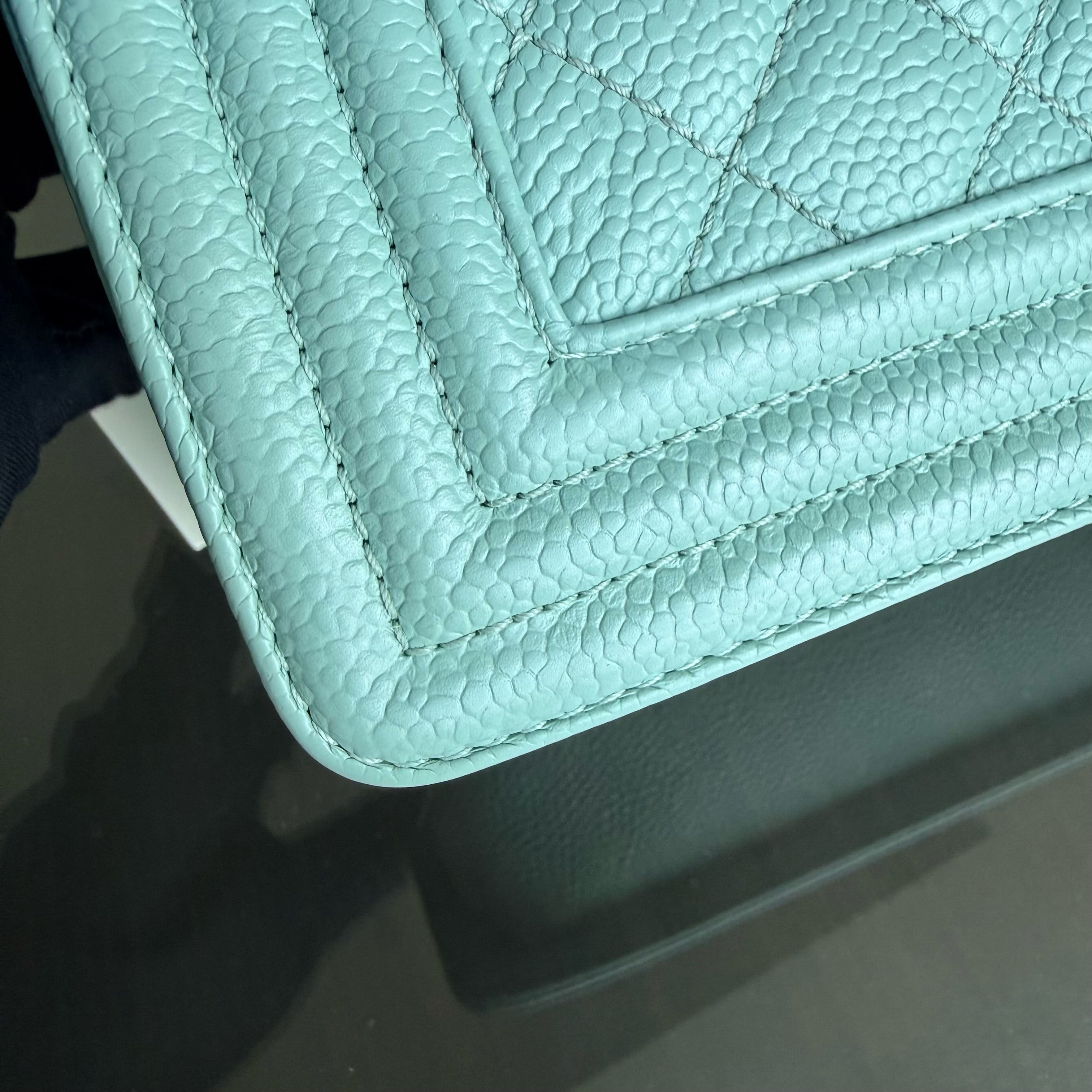 Chanel Boy Small - Caviar 20CM Quilted Tiffany Blue Gold Hardware Series 28