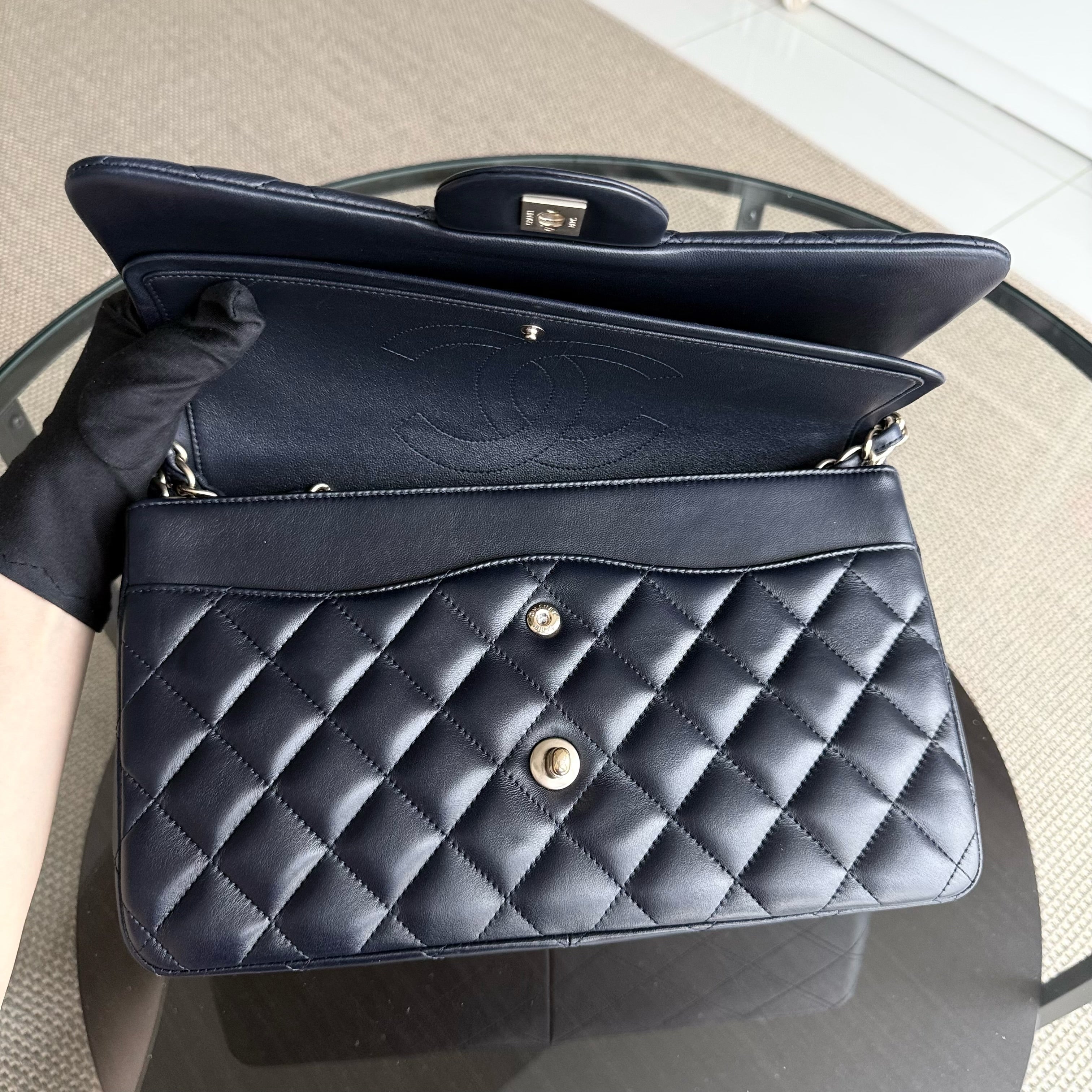 Chanel Classic Flap Jumbo - Double Flap 30CM Quilted Lambskin Dark Blue Gold Hardware Series 20