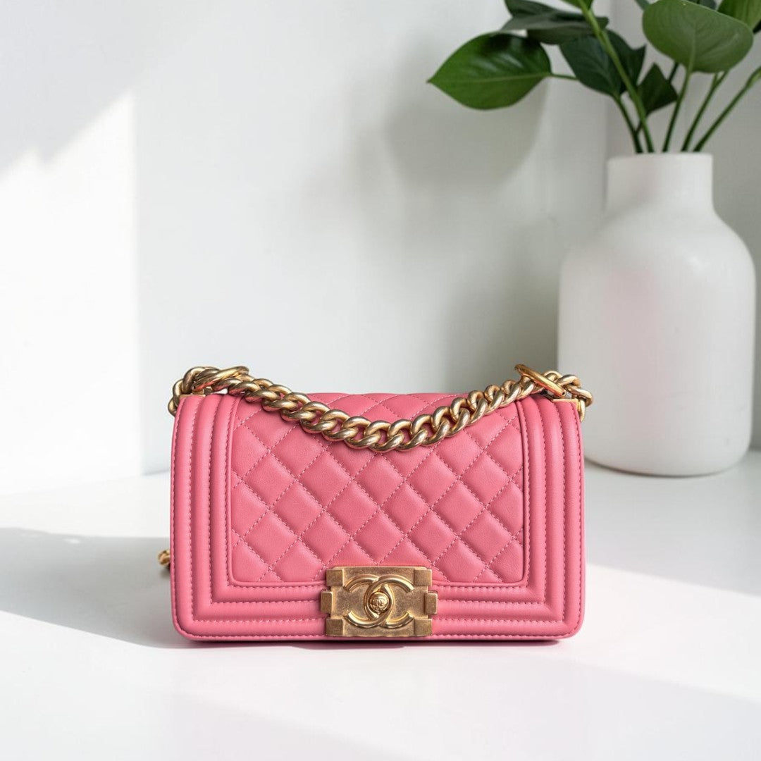 Chanel Boy Small - 20CM Quilted Calfskin Pink Gold Hardware Series 28