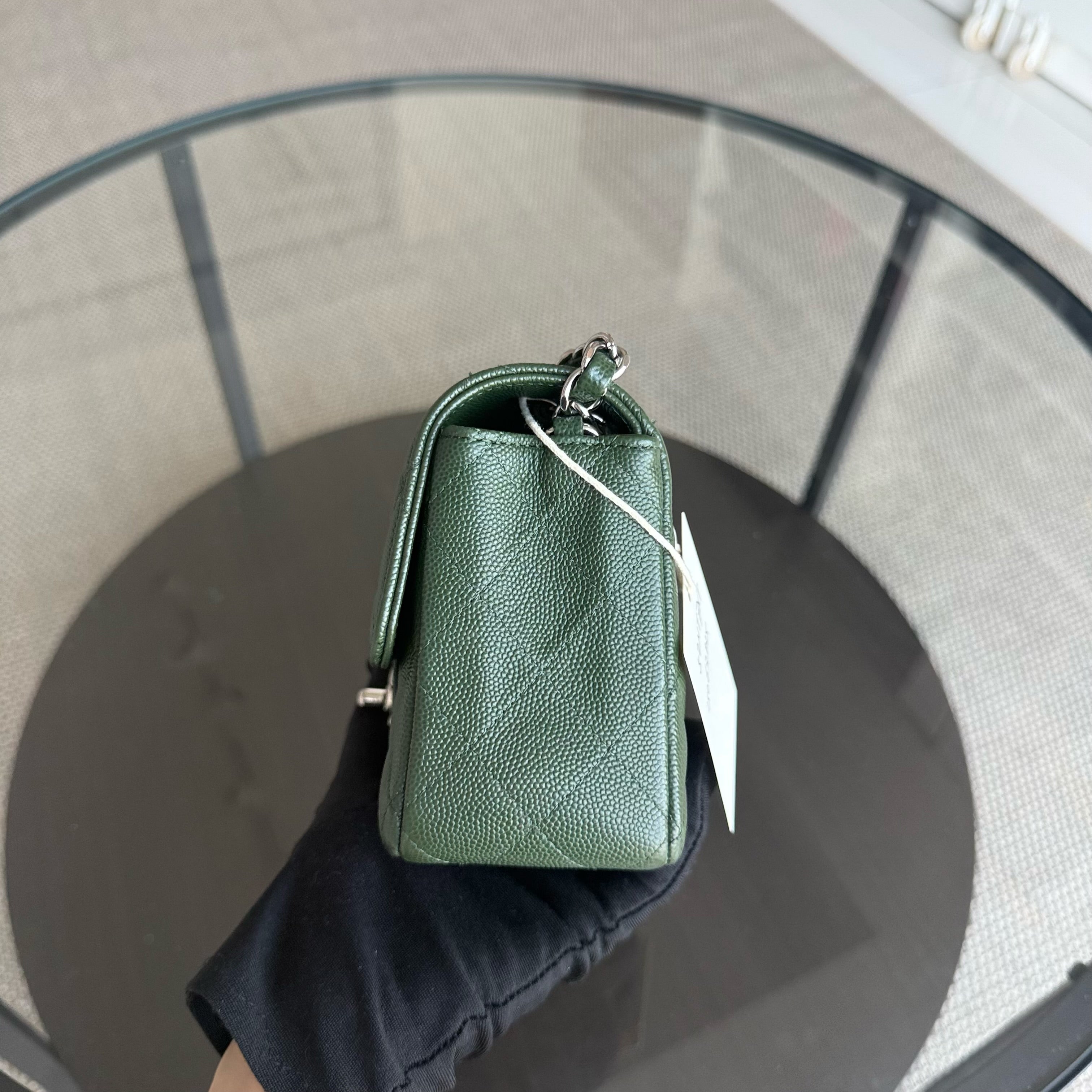 Chanel Caviar Mini Rectangle Classic Flap - 20CM Quilted Dark Green Silver Hardware Series 25