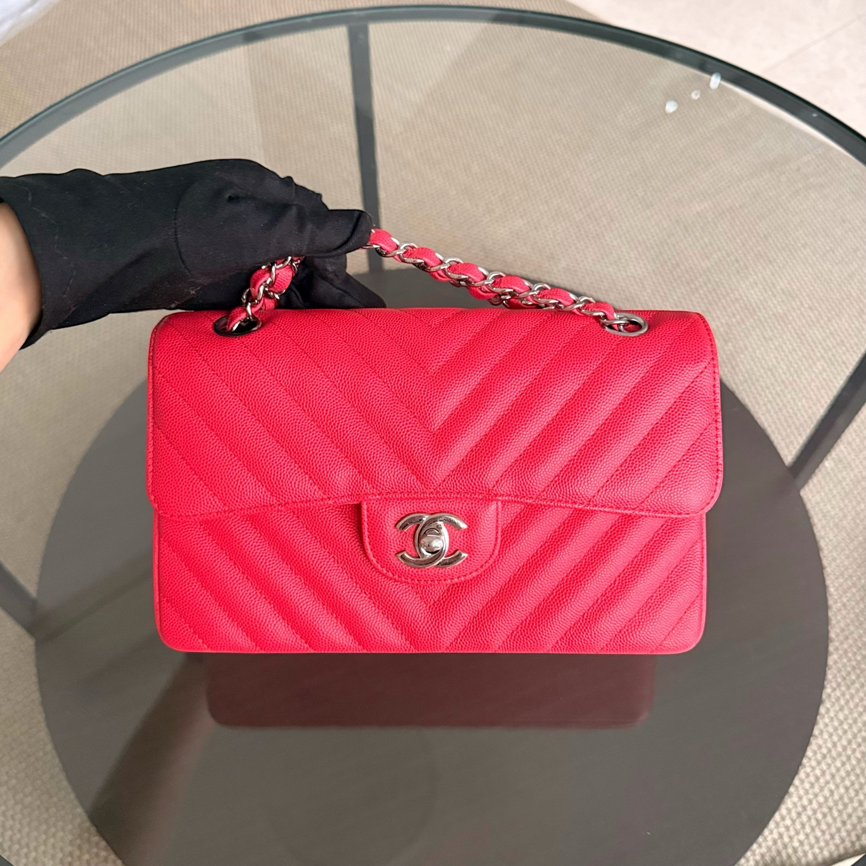 Chanel Classic Flap Small - Caviar 23CM Chevron Red Silver Hardware Series 25