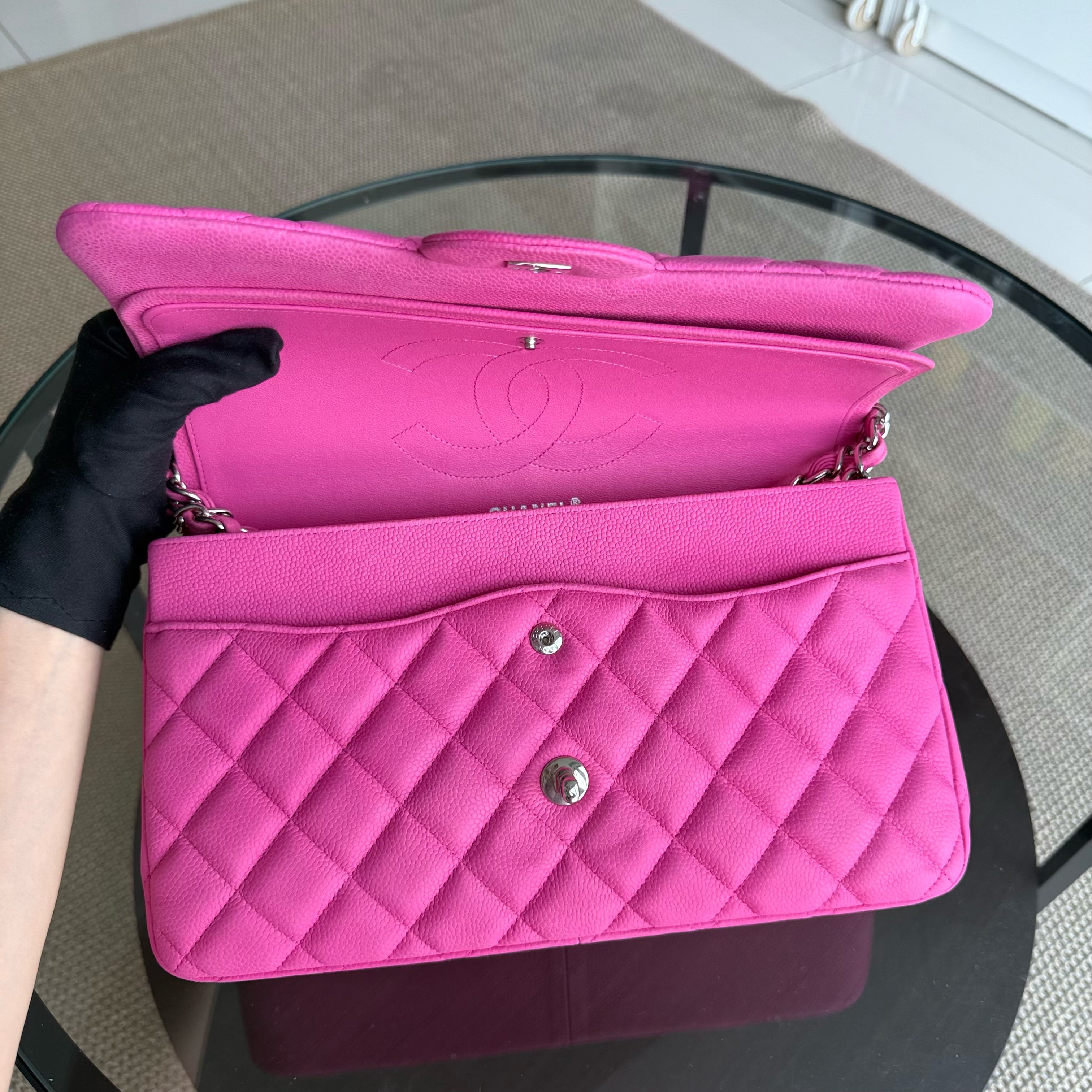 Chanel Classic Flap Jumbo - Caviar 30CM Double Flap Quilted Pink Grained Calfskin Silver Hardware Series 18