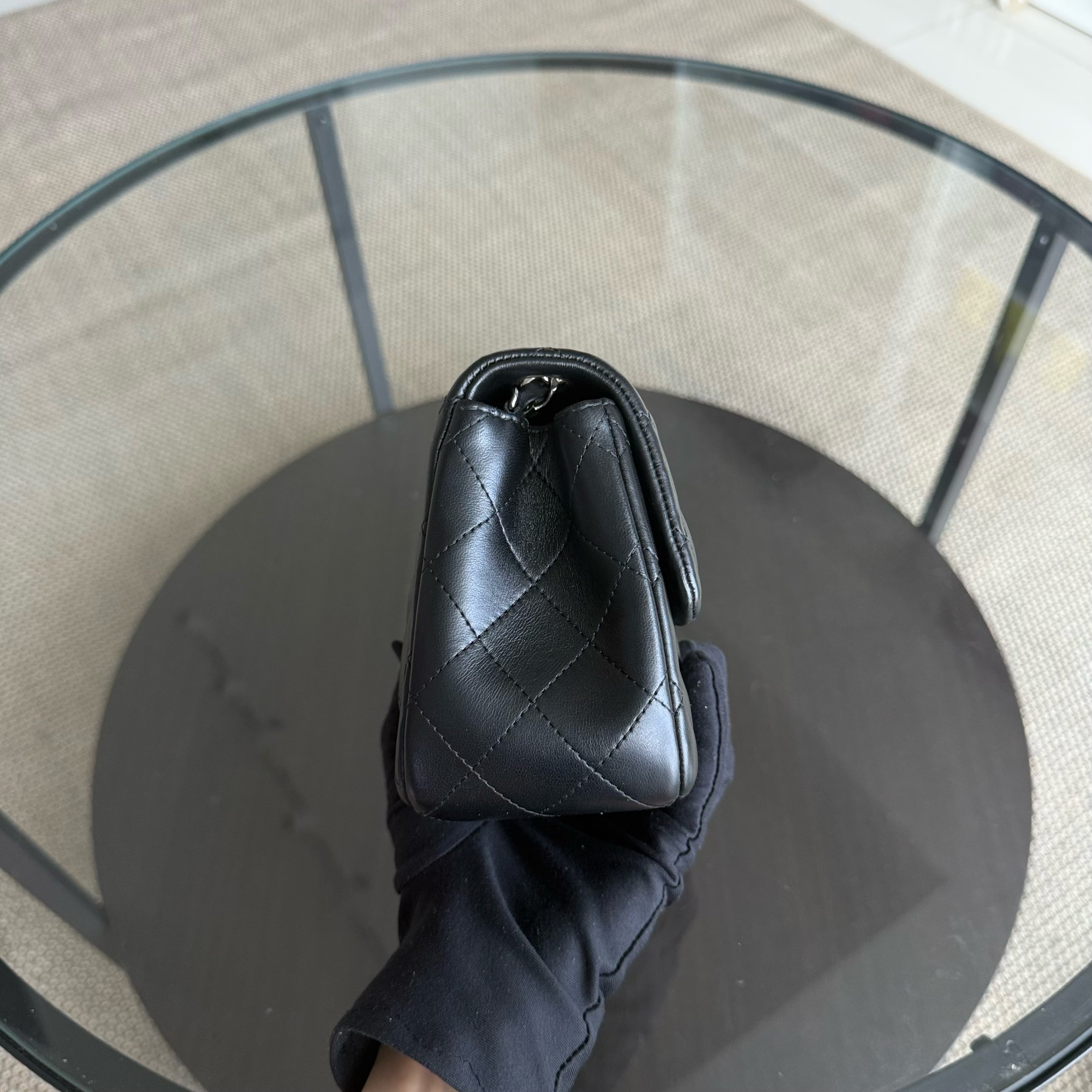 Chanel Classic Flap Mini Square - 17CM Quilted Lambskin Black Silver Hardware Series 19