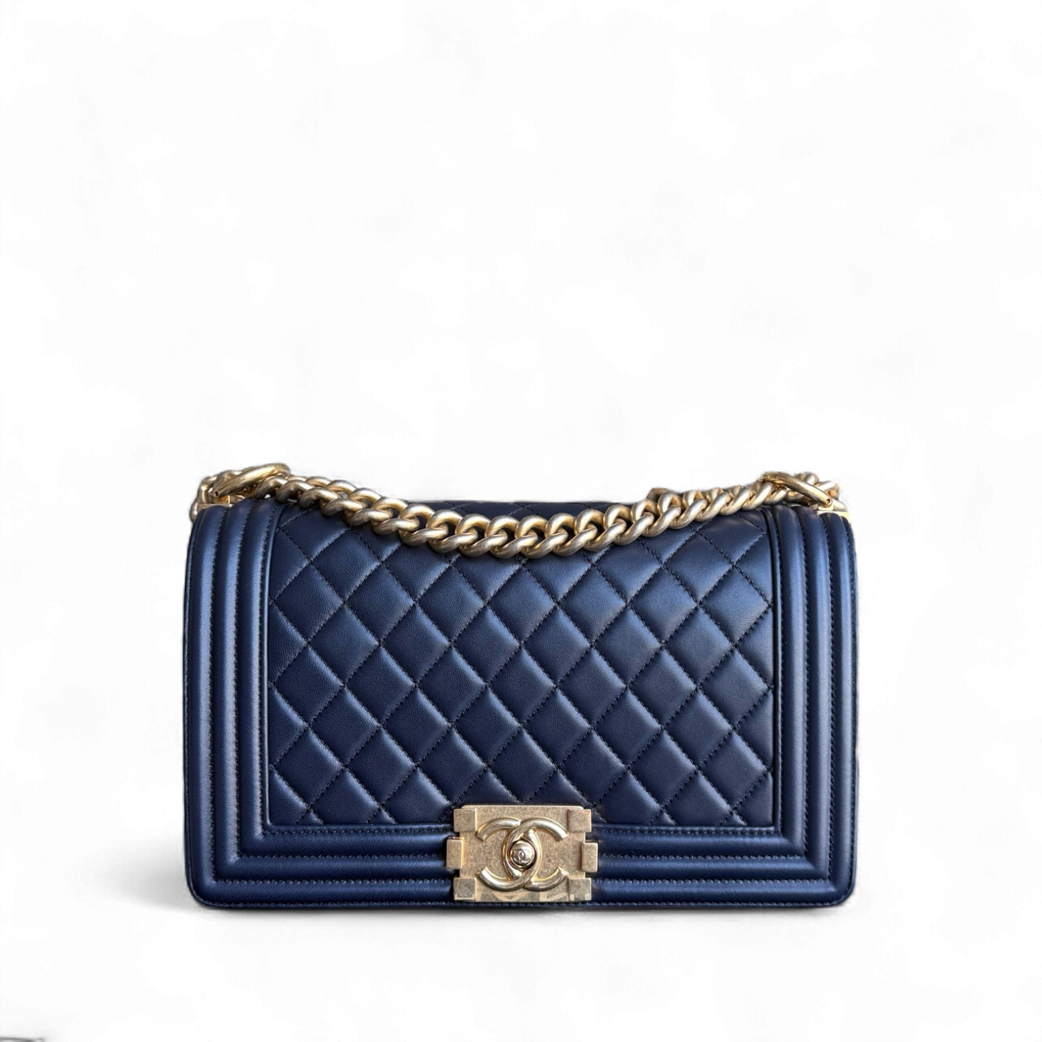 Chanel Boy Medium - 25CM Quilted Lambskin Dark Blue Gold Hardware Series 21