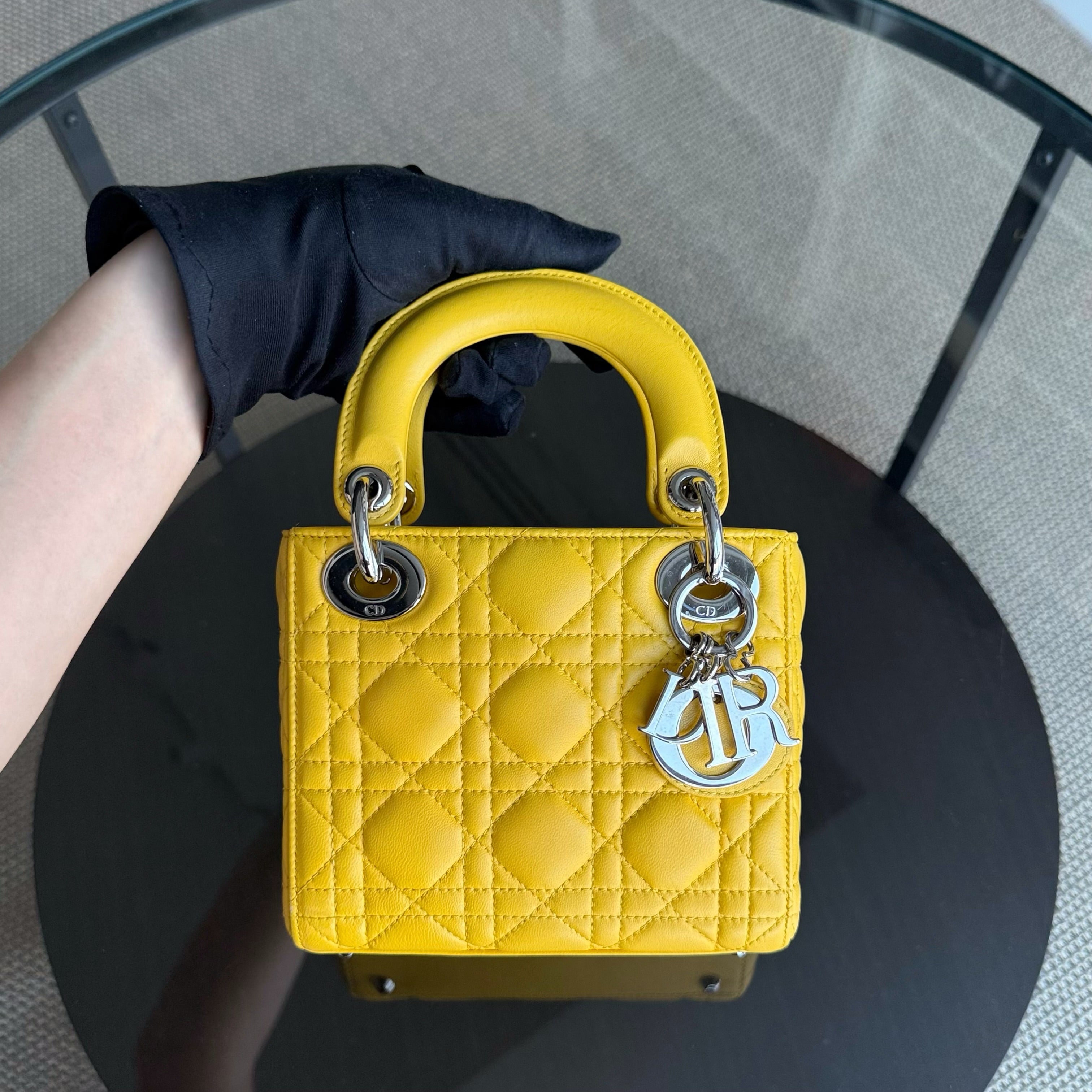 Dior Lady Mini Flap - Cannage Lambskin Yellow Silver Hardware Chain Strap Silver Hardware