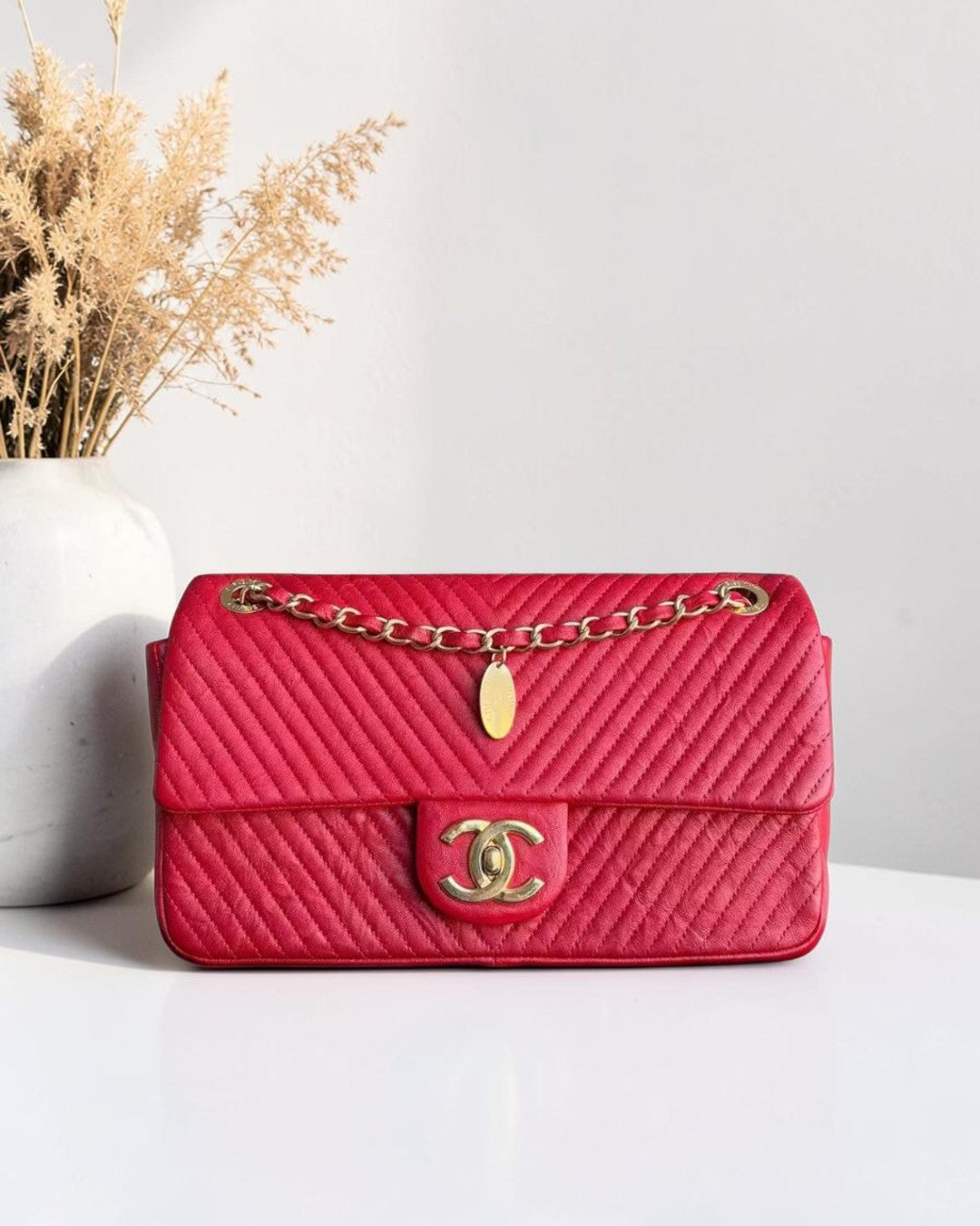 Chanel Herringbone Medallion - Chevron Seasonal Flap Red Calfskin Aged Gold Hardware